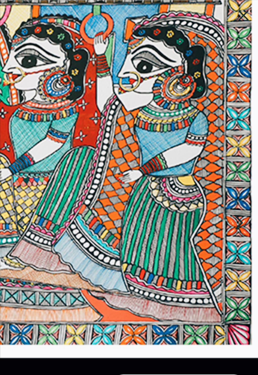 Mithila Madhubani Handpainted Wall Painting Wall Decor Featuring Peacock Floral Design With Black Wooden Frame Canvas Paintaing Rare To Find