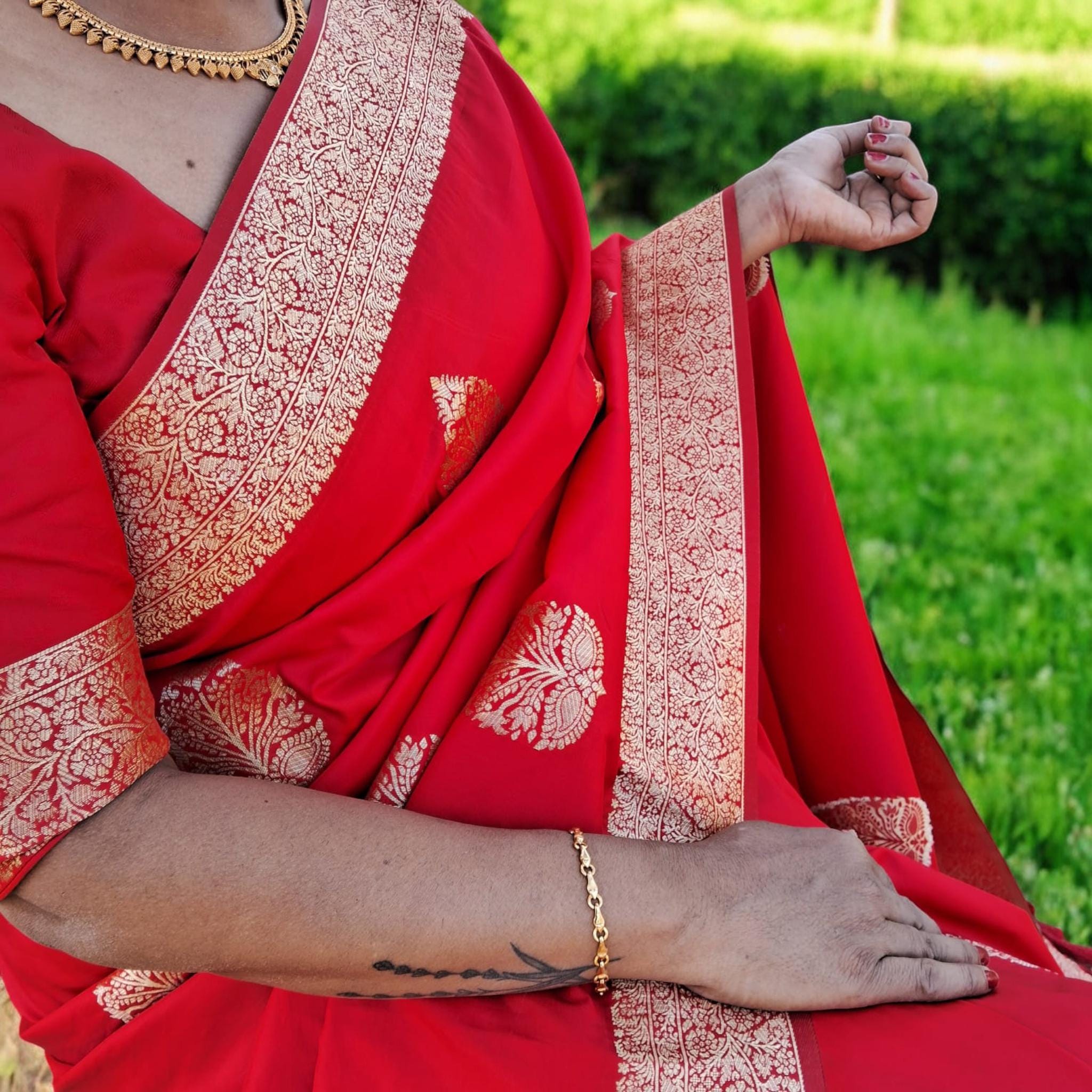 Pure Red Banarasi Silk Saree Zari border Unstitched Plain Red Silk Blouse Piece Perfect for Wedding Festive Occasions Gift for her Indian
