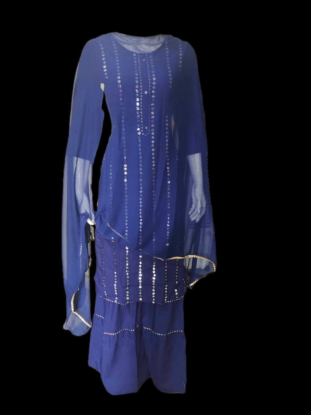 Blue/Navy Blue Cotton Rayon Mirror Work Salwar Kameez Sharara Suit Chiffon Dupatta Bollywood Pakistani Bohemian Wedding Festive Diwali Puja