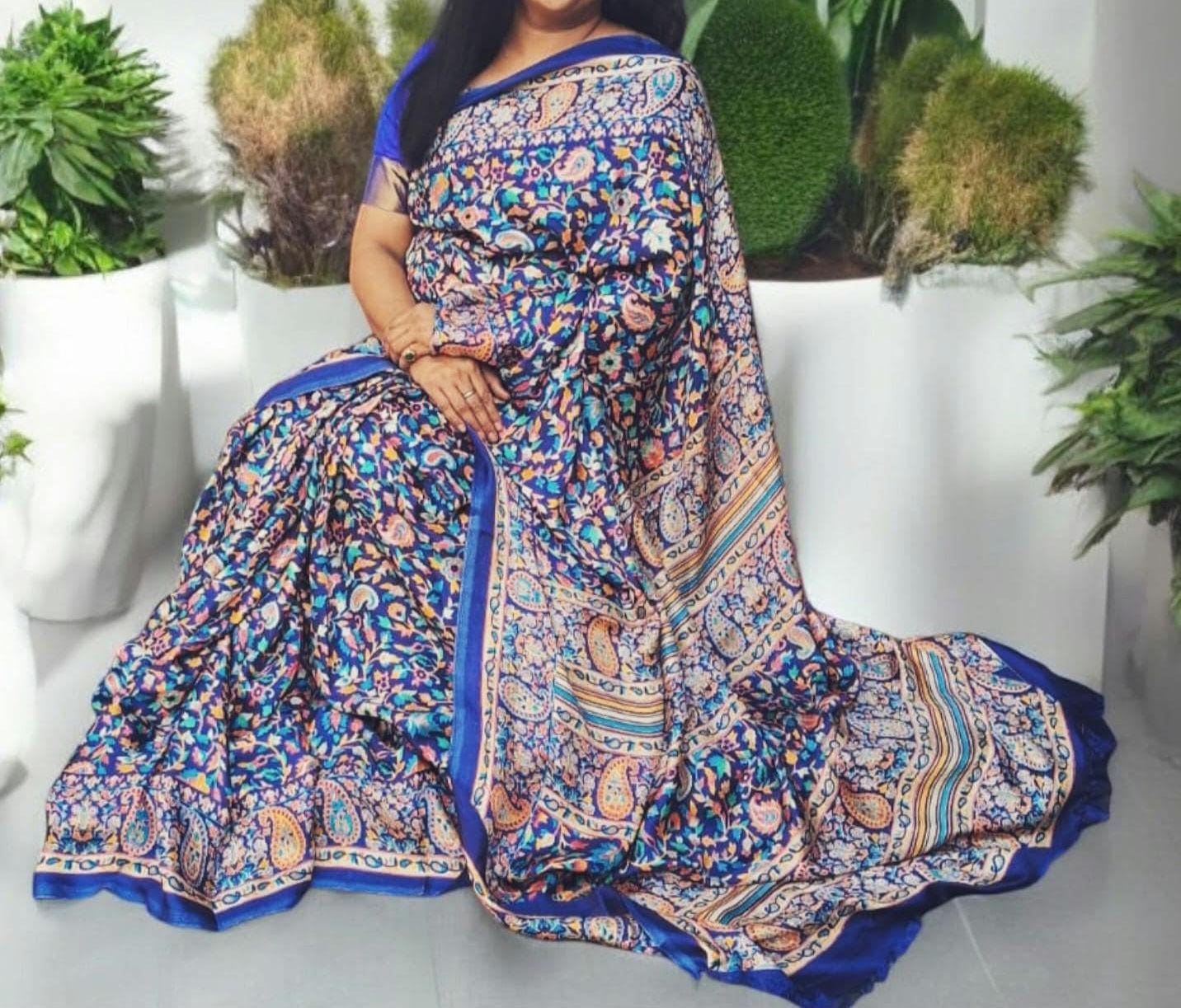 Blue Floral Design Printed Kashmiri Handloom Saree With Unstitched Blue Kashmiri Blouse Colourful Pattern Floral Pattern Gift for Her