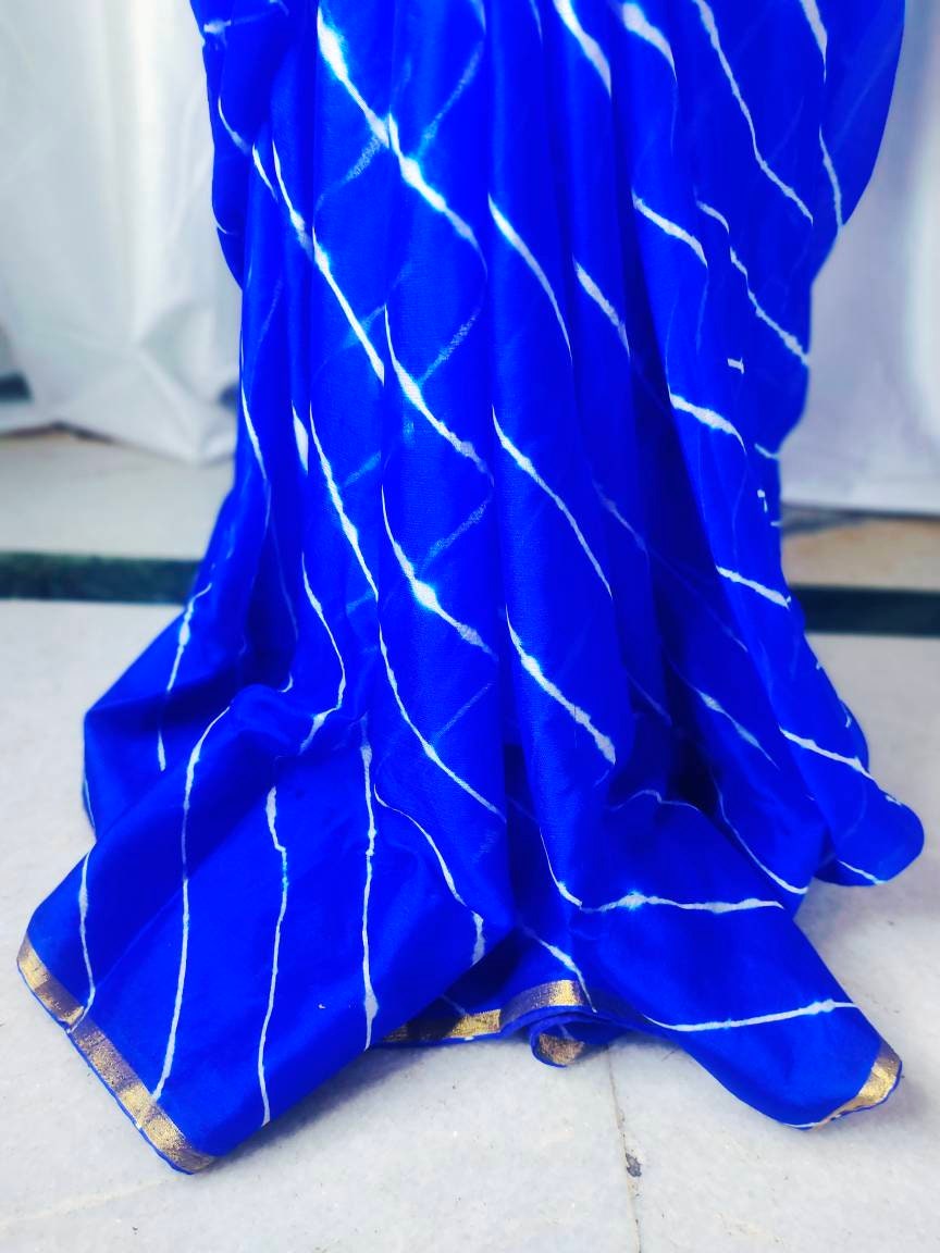 Dark Blue Chiffon Jaipuri Bandhani Saree With Crape Blue Unstitched ( customised )Blouse Jaipuri Saree Rajasthani Saree Tie and Dye Saree