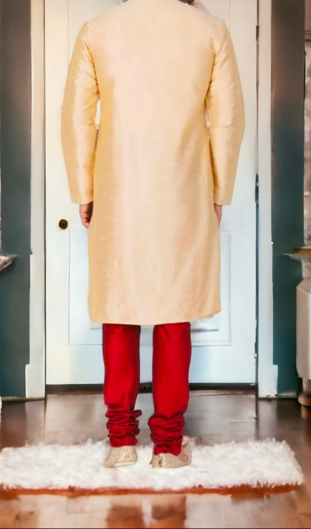 Beige Red Pure Silk Kurta Pajama Set For Men Bollywood Inspired Outfit Traditional Dress Puja Wear Wedding Wear Ethnic Wear Party Wear