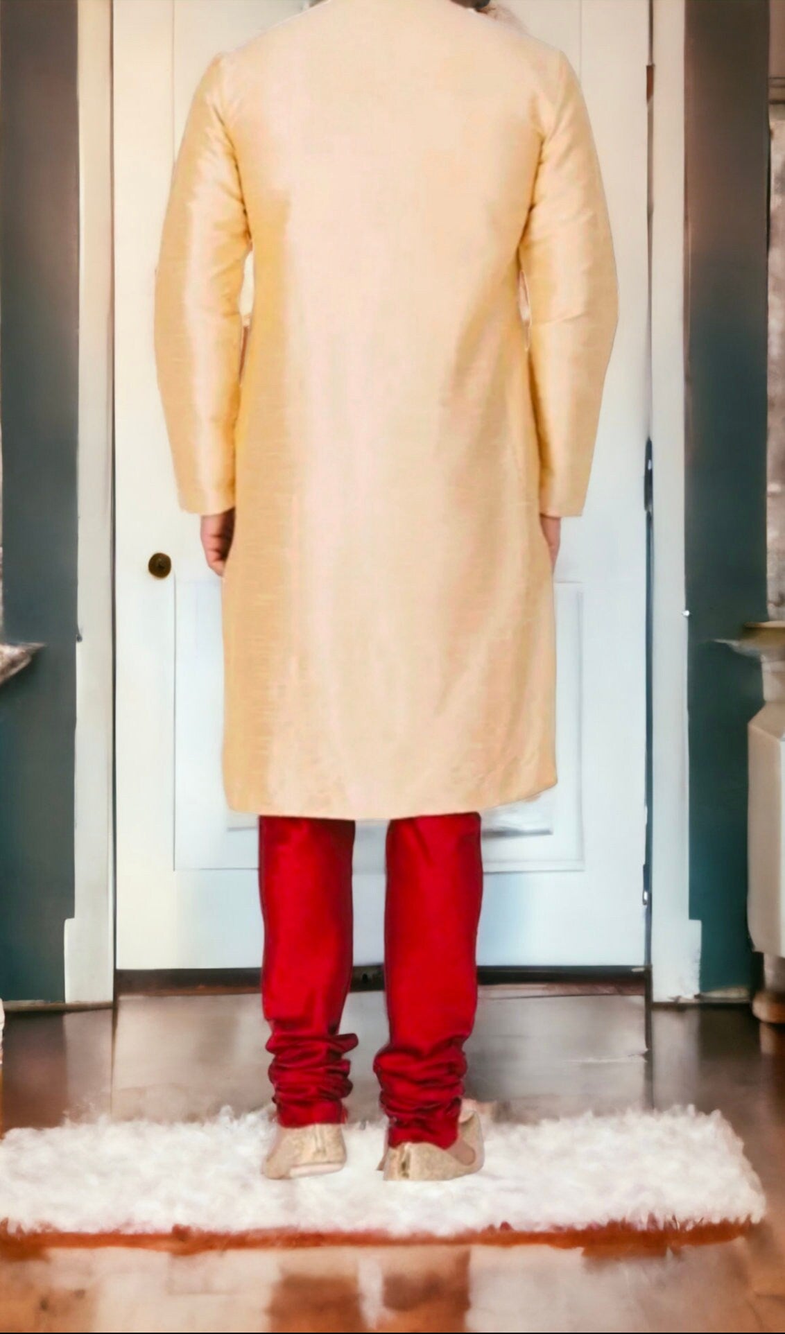 Beige Red Pure Silk Kurta Pajama Set For Men Bollywood Inspired Outfit Traditional Dress Puja Wear Wedding Wear Ethnic Wear Party Wear