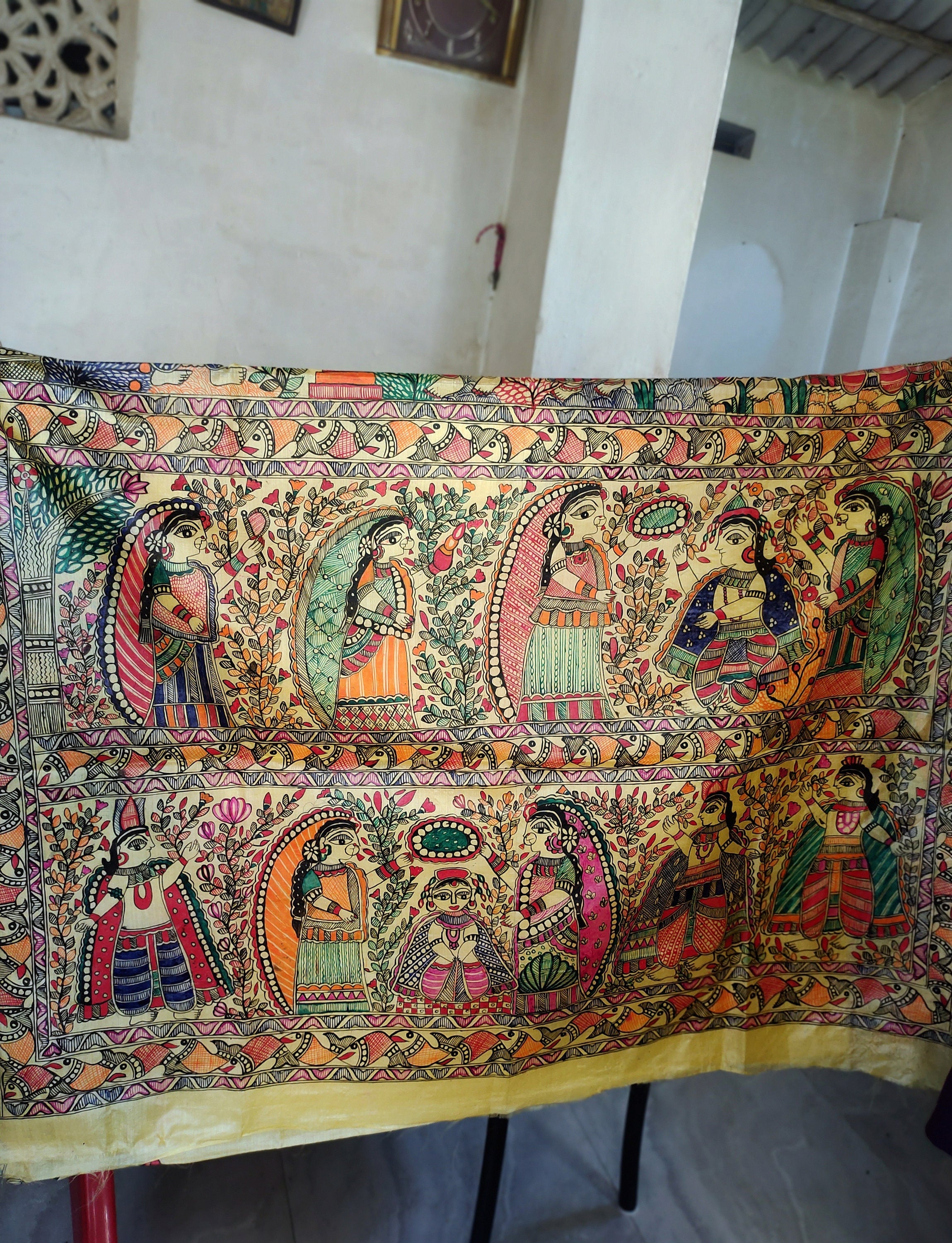 Yellow Handwork Madhubani Painted Silk Saree With Unstiched Blouse Piece Bihari Saree A Gift For Loved One Painted With Acrylic Paints