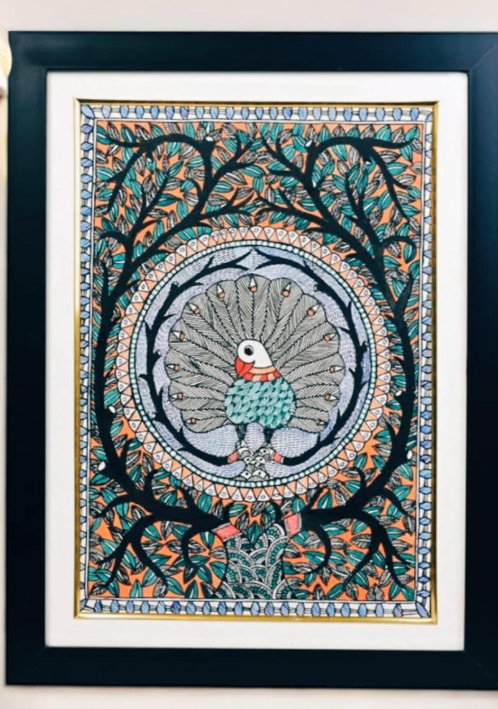 Mithila Madhubani Handpainted Wall Painting Wall Decor Featuring Peacock Floral Design With Black Wooden Frame Canvas Paintaing Rare To Find