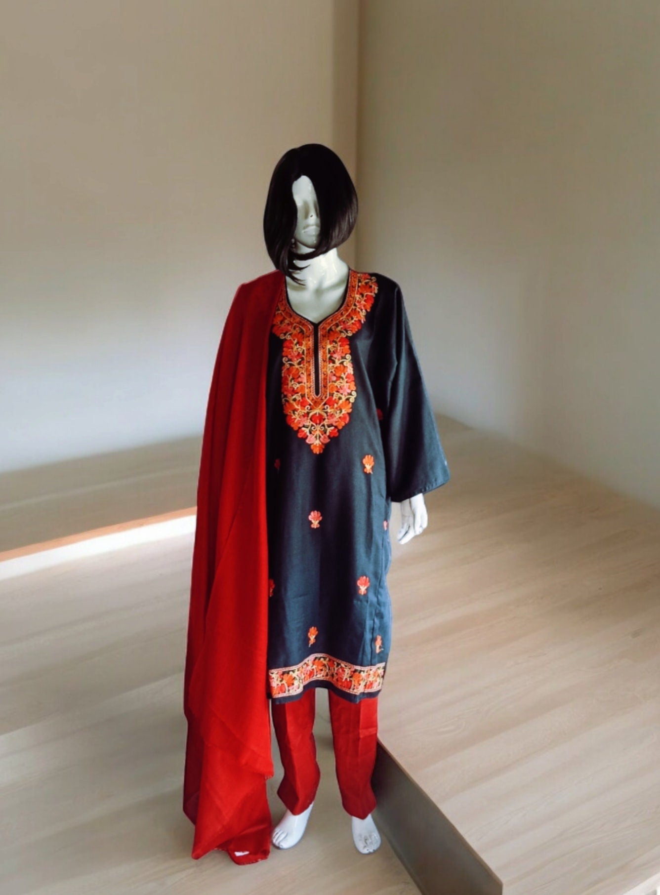 Pack of 3 Red Black Pure Pashmina Suit Shawl Pant Embroidered Kashmiri Free Size Woollen Outfit Stiched Suit Women Outfit Lightweight Shawl