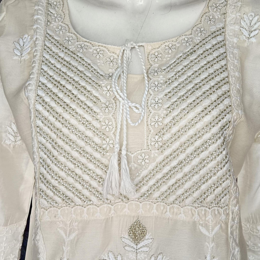 Set of 3 Chanderi Silk Off White Kurta Pant Golden Yellow Banarasi Silk Dupatta beads Work Handmade Kurta Silk Pant With Elasticity Zardozi