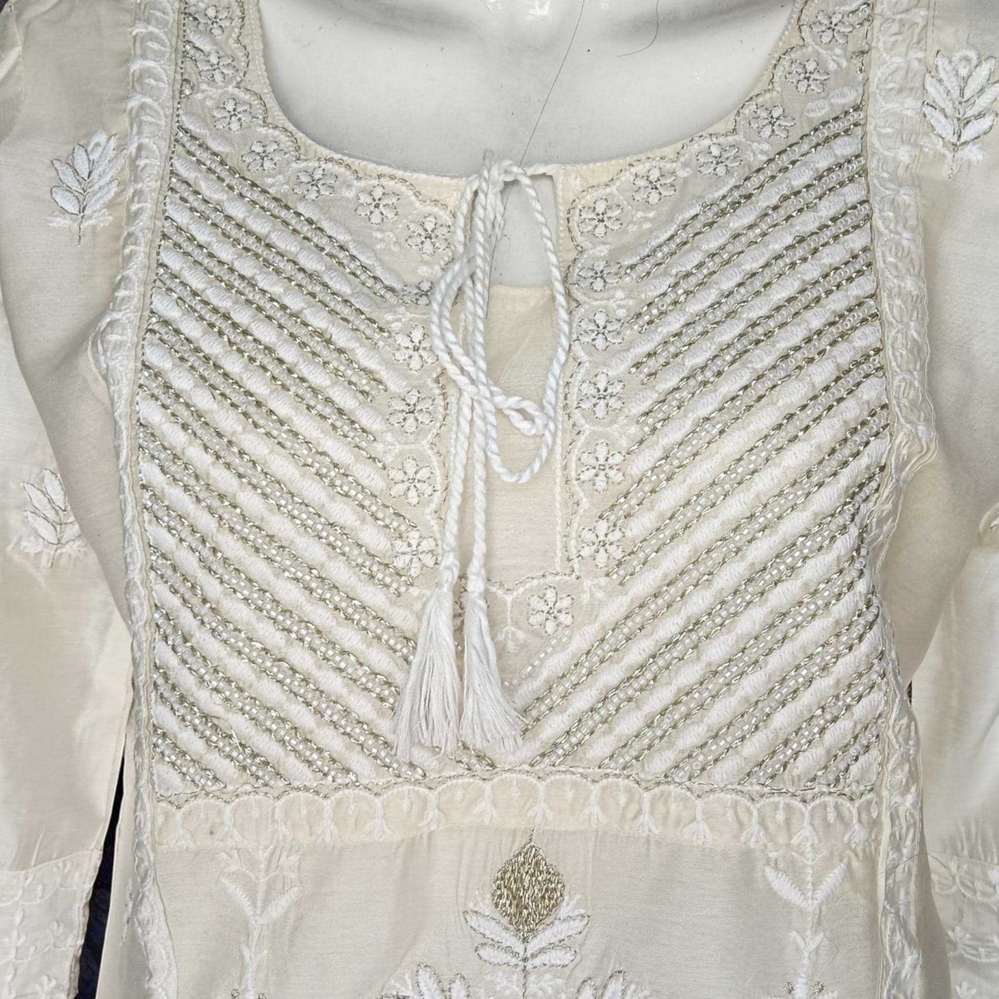 Set of 3 Chanderi Silk Off White Kurta Pant Golden Yellow Banarasi Silk Dupatta beads Work Handmade Kurta Silk Pant With Elasticity Zardozi