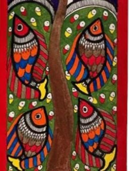 Mithila Madhubani Handpainted Wall Painting Wall Decor Featuring Sun Aquatic Design With Red Wooden Frame Canvas Paintaing Rare To Find