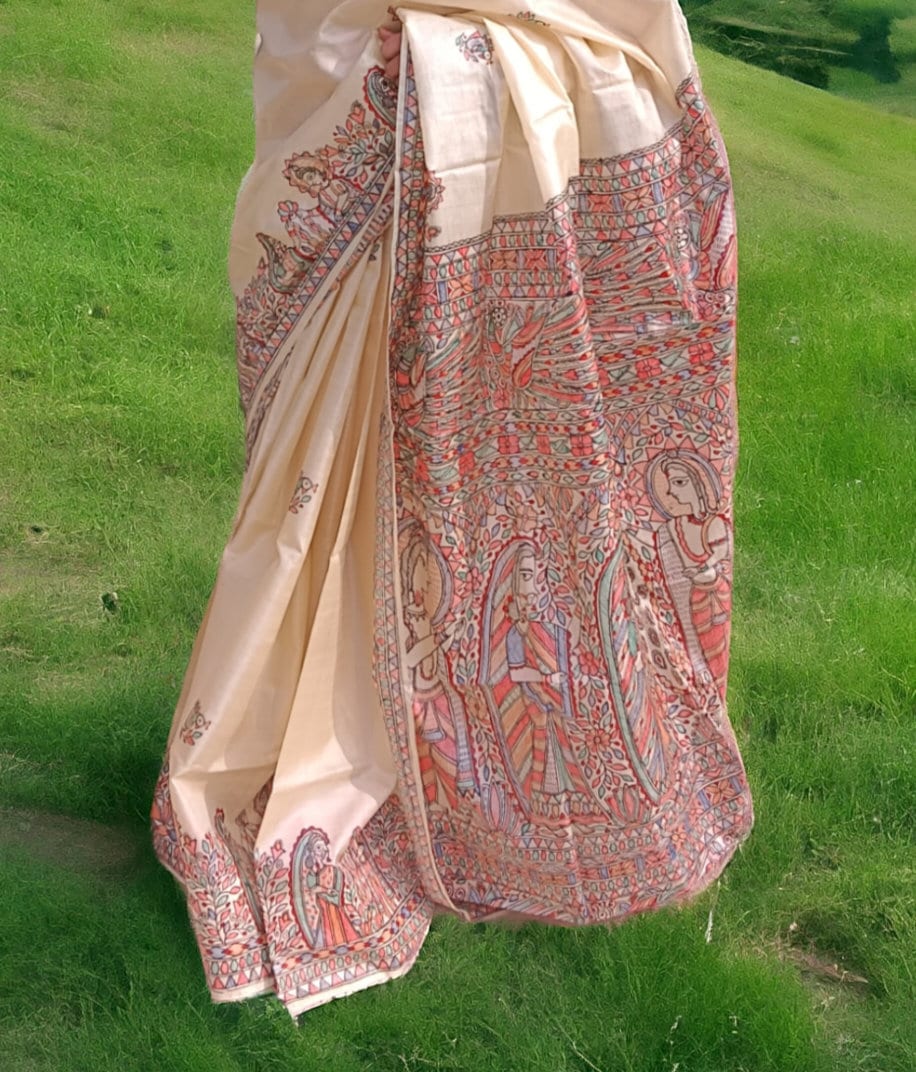 Pure Silk Hand-painted Multicolored Madhubani Painting Saree Featuring Iconic Shree Ram Sita Swayamvar Marriage Peacock Design Wedding Party