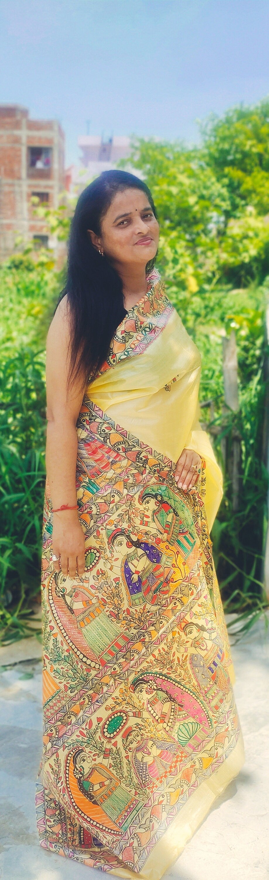 Yellow Handwork Madhubani Painted Silk Saree With Unstiched Blouse Piece Bihari Saree A Gift For Loved One Painted With Acrylic Paints