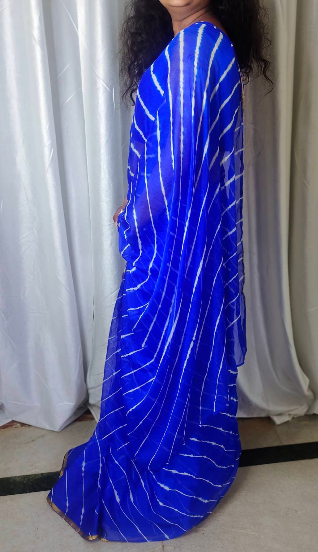 Dark Blue Chiffon Jaipuri Bandhani Saree With Crape Blue Unstitched ( customised )Blouse Jaipuri Saree Rajasthani Saree Tie and Dye Saree