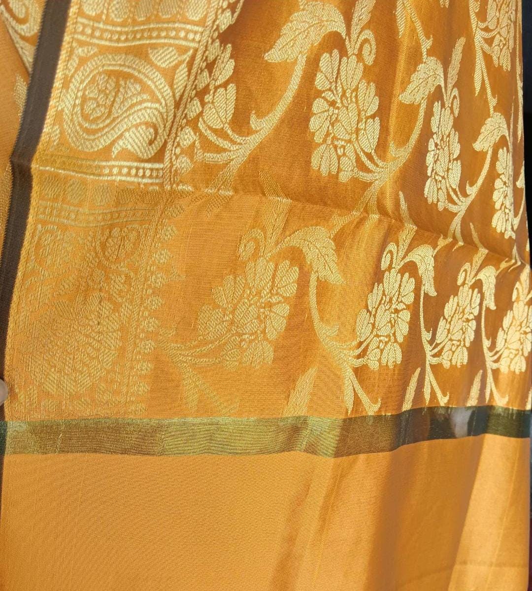 Mustard Gold Banarasi Silk Brocade Dupatta Handwoven Indian Elegance Zardozi Work Regal Charm Wedding Puja Navratri Special Gift for her