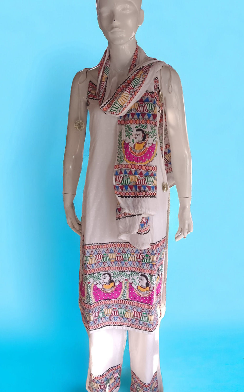 Set of 3 White Pure Cotton Multicolored Hand Painted Madhubani Paint kurta Pant Dupatta Featuring Floral Doll Design Pattern Wedding Indian