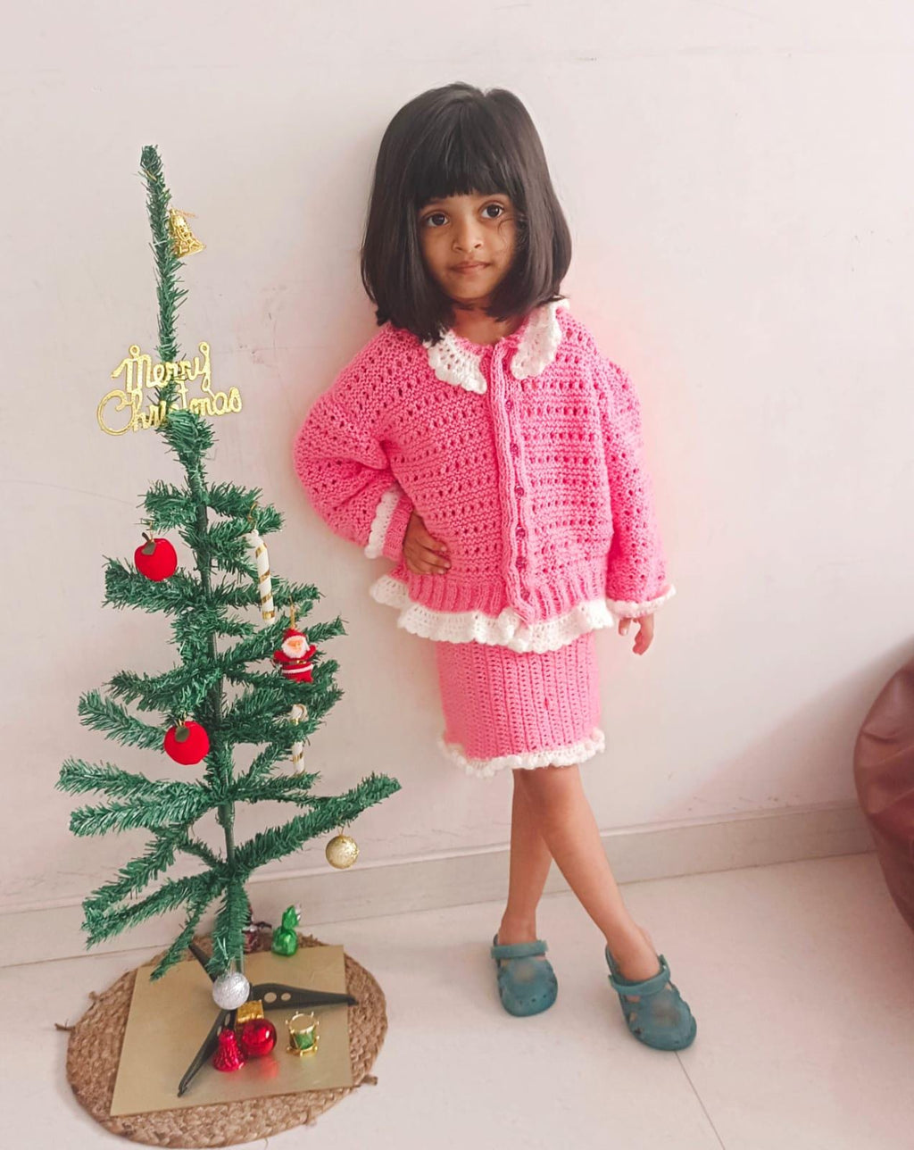Pink White Woollen Kids Co-ord Sweater Skirt Crochet Pattern Buttoned Sweater Elastic Skirt Easy to Wear Soft Touch Lightweight Comfortable