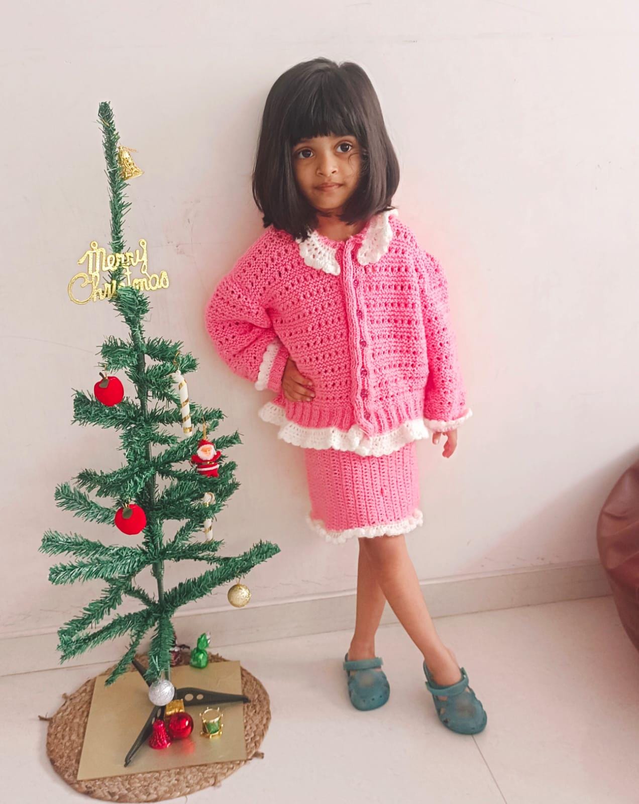 Pink White Woollen Kids Co-ord Sweater Skirt Crochet Pattern Buttoned Sweater Elastic Skirt Easy to Wear Soft Touch Lightweight Comfortable