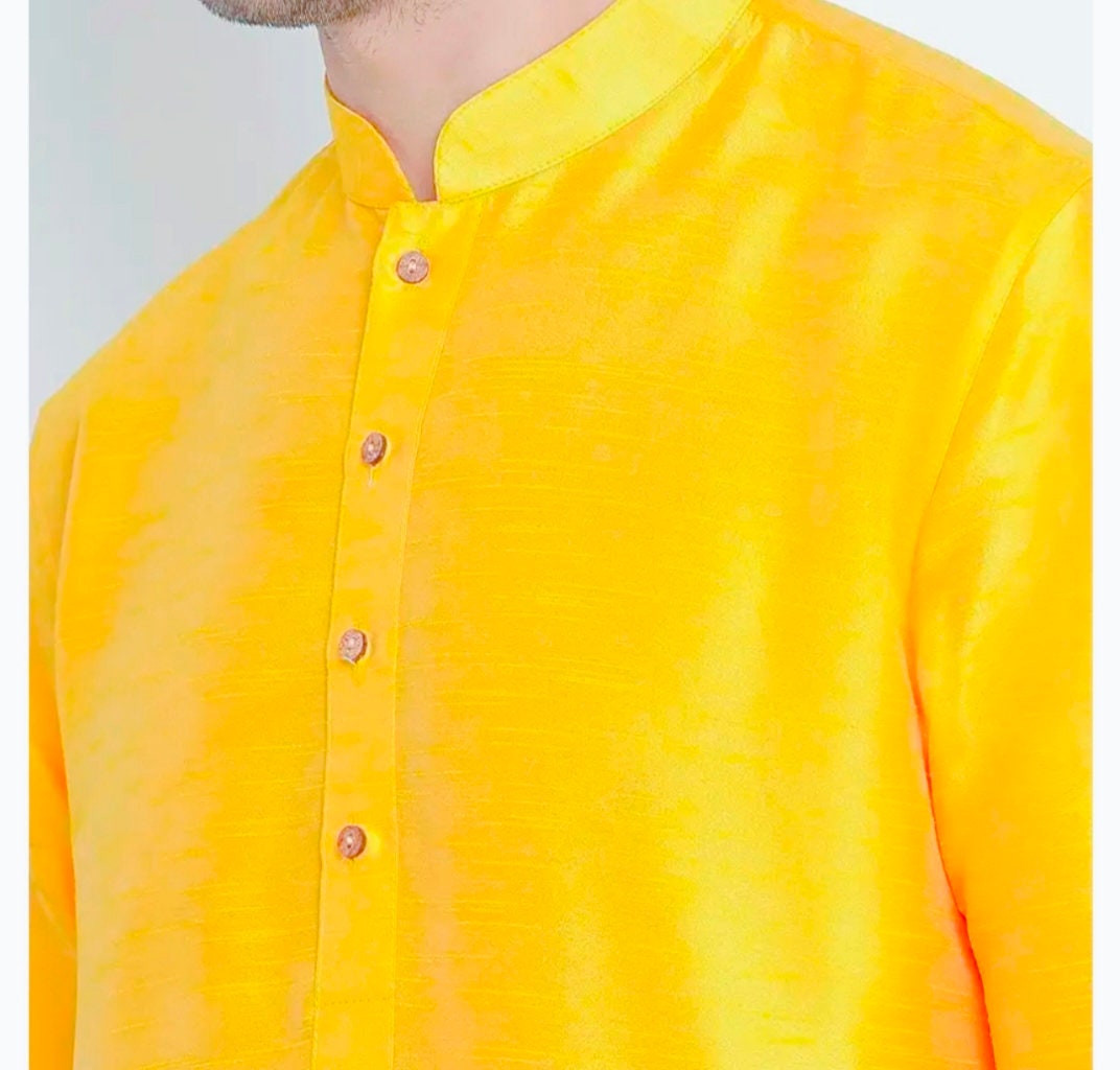 Yellow Silk Kurta Pajama Set for Men Traditional Attire Bollywood Inspired Outfit Comfortable Fabric Puja Wear Wedding Wear Party Wear