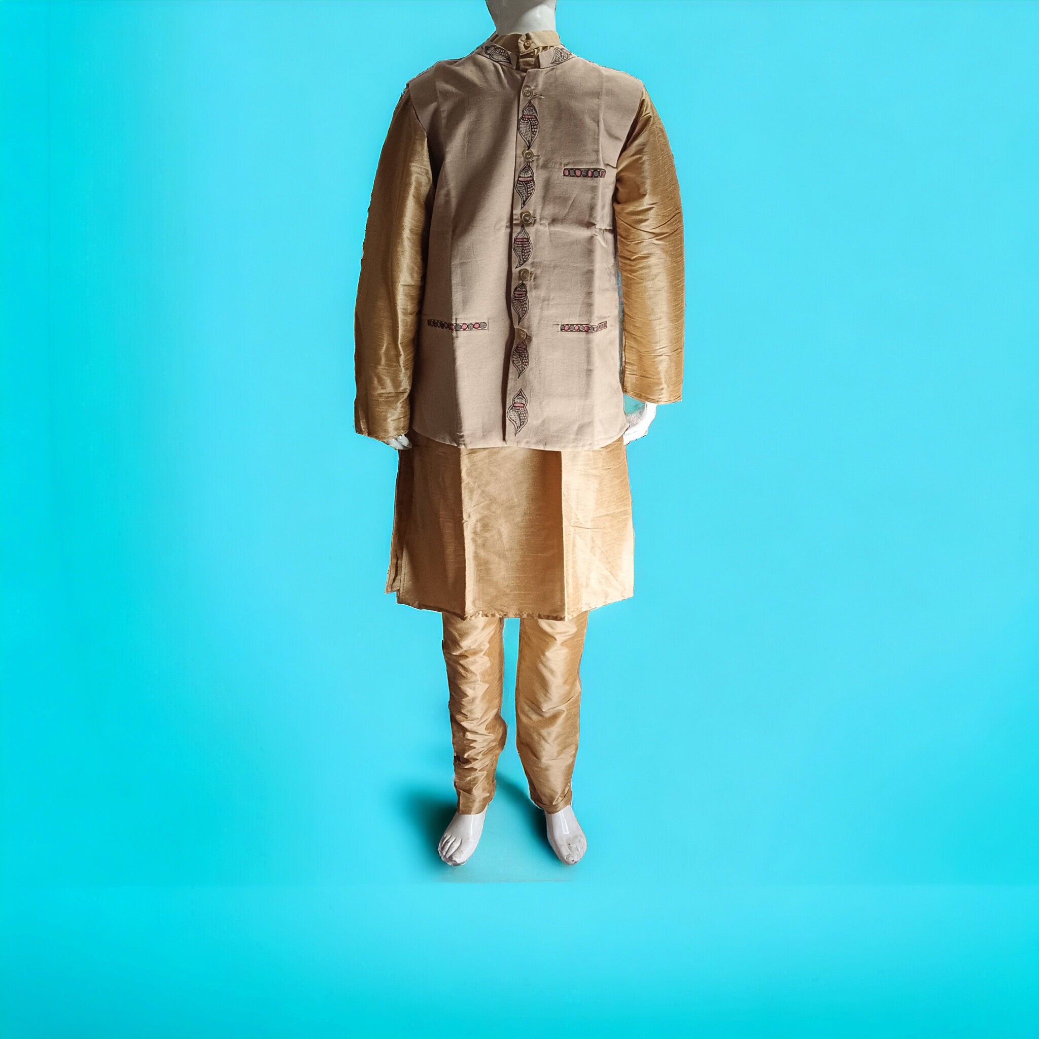 Beige Khadi Vest Jacket Hand-painted Madhubani Art Featuring Iconic Shri Krishna Radha Design Shankh Vintage Traditional Wedding Anniversary