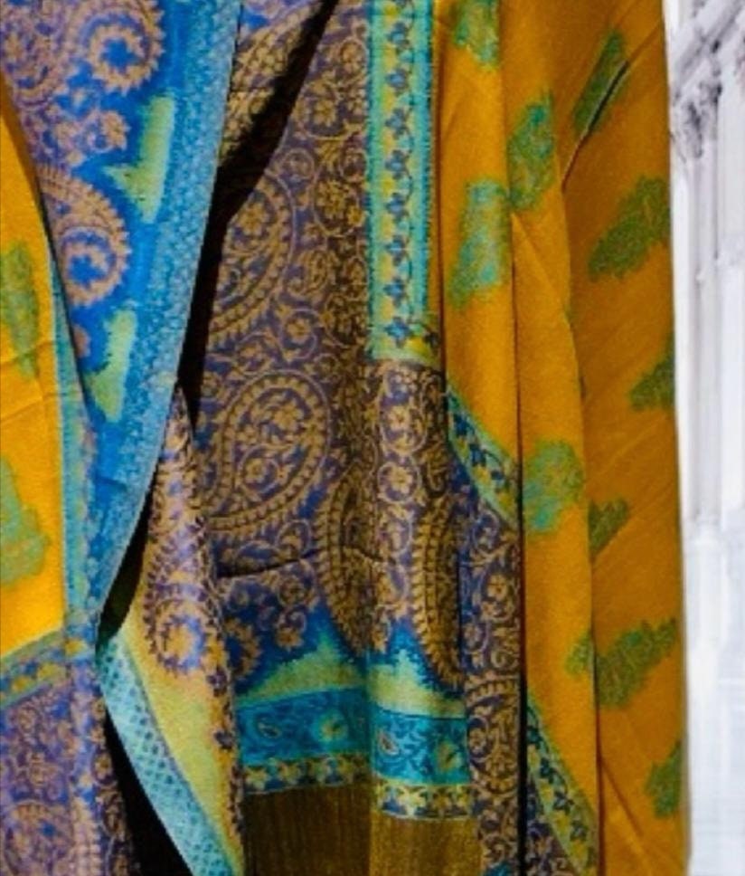 Mustard Yellow Blue Embroidered 100% Cashmere Pashmina Luxurious Hand Woven Shawl Pure Pashmina Lightweight Luxurious Shawl Soft Scraf