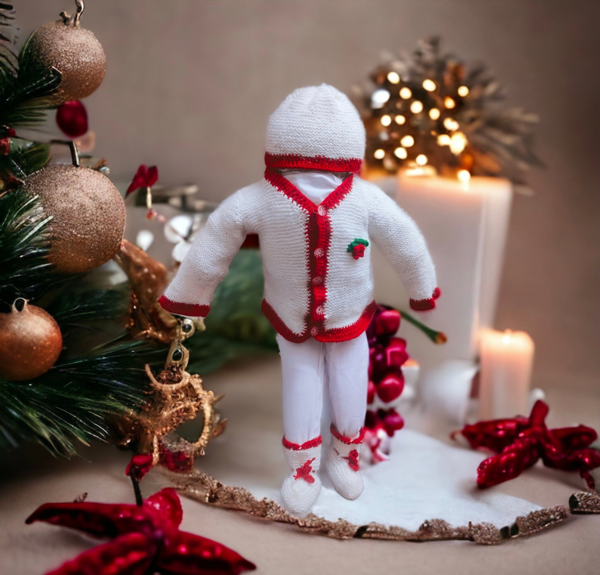 100 % Wool Handmade Red White Buttoned Sweater Beanie / Cap Socks For Boys And Girls Christmas Inspired Winter Outfit Comfortable Sweater