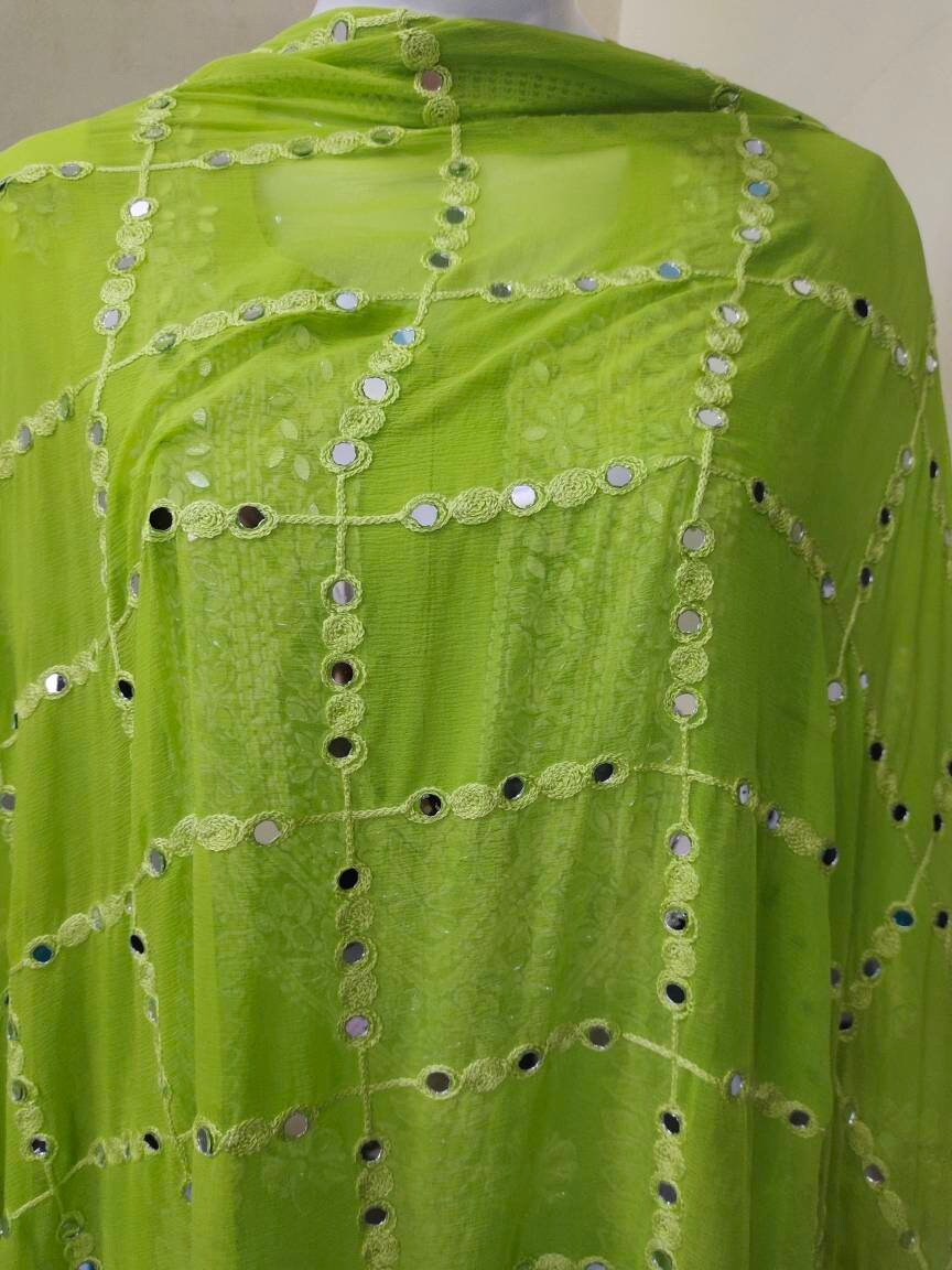 Neon green salwar kameez suit Chiffon chikankari glass work party wear festivals white thread work mirror work