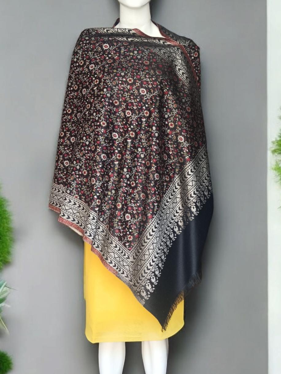 Black Cashmere Wool Colourful Floral Embroidered Silver Zardozi Bordered Stole/Shawl Kashmiri Outfit Comfortable to Wear Lightweight Warm