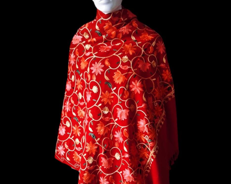Red Embroidered Floral Design Cashmere Shawl/Scarf Luxurious Hand woven Soft Touch Lightweight Travel Blanket Vintage Winter Outfit