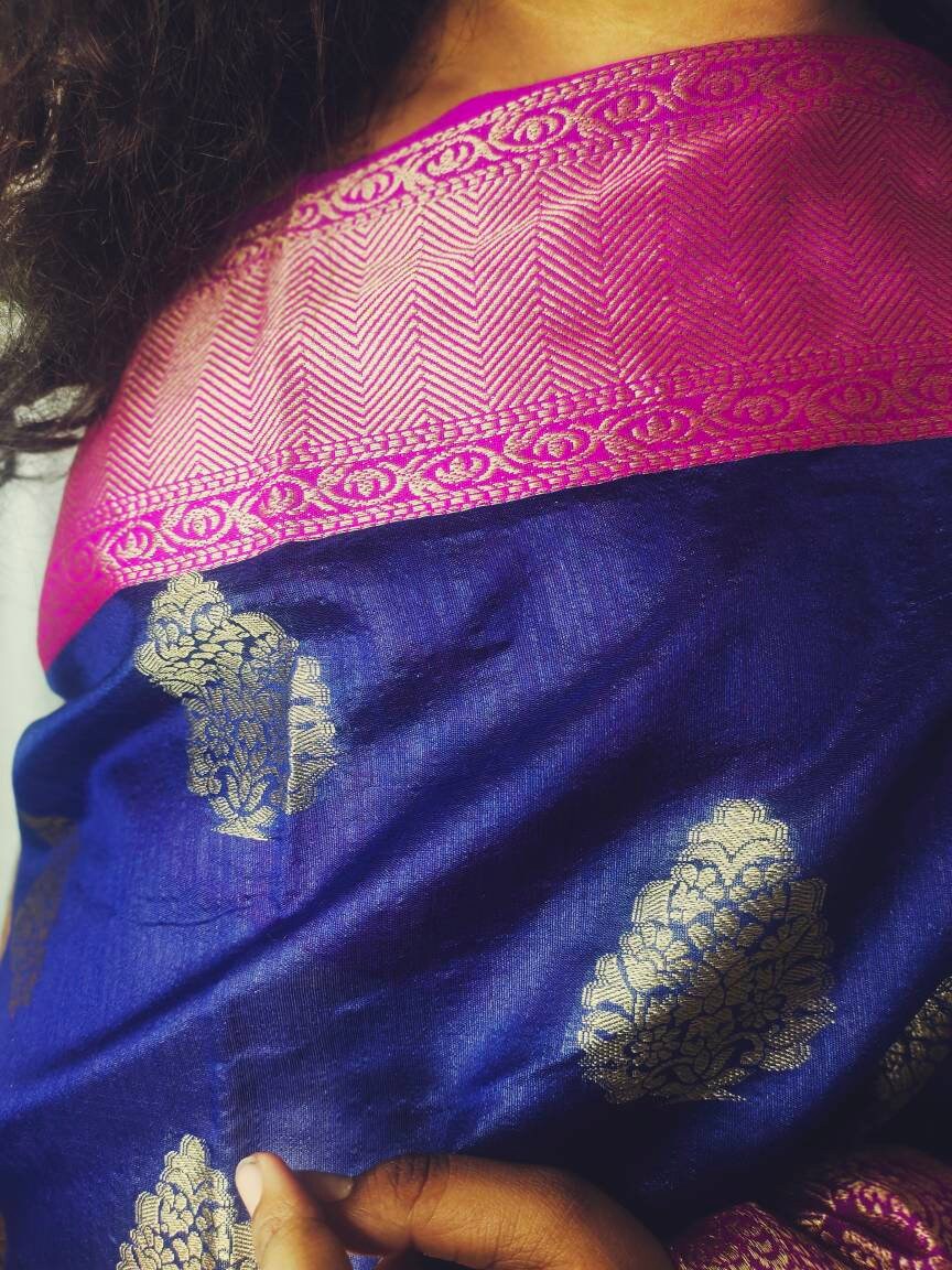 Blue Magenta Paper Silk Saree With Unstitched ( customised ) Banarsi Blouse Zari Work Thread Work Perfect For Wedding Party Gift for Her