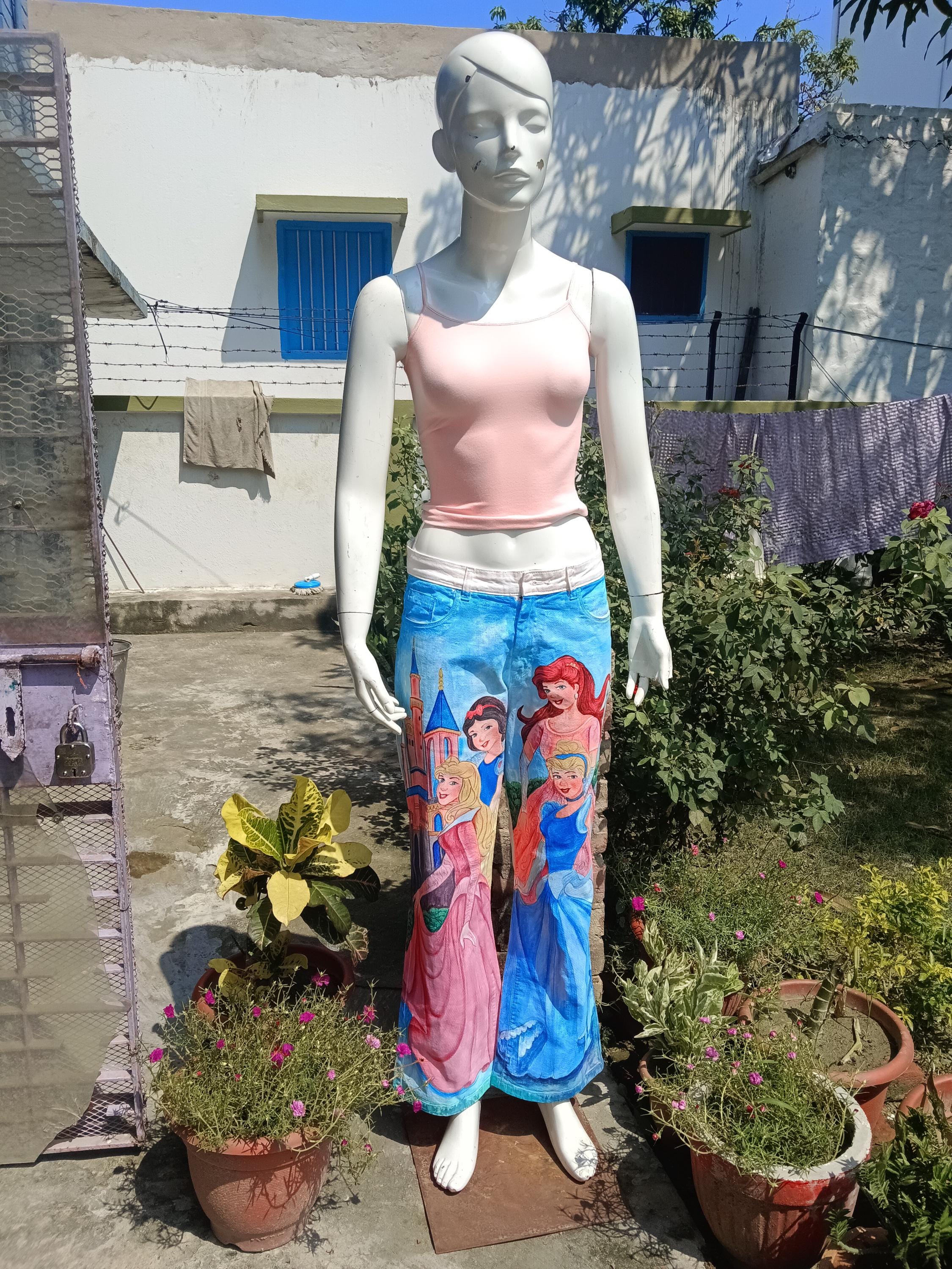 100% Pure White Denim Handpainted Fine Art Princesses Fairy Tales Artistic Party Wear Halloween Wear Birthday Wear Gift For Them