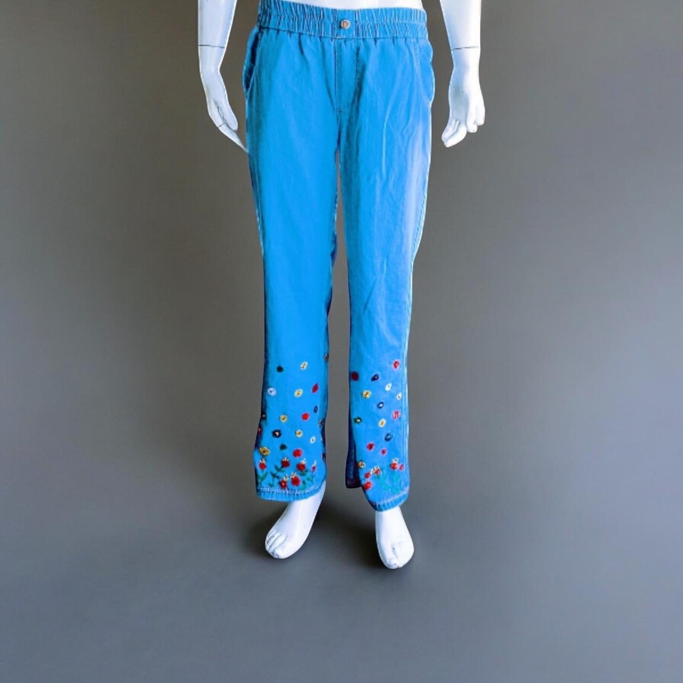 100 % Cotton Floral Handmade Modest Light Blue Jeans Jogger Comfy Bottom Embroidered Floral Pant Flower Design Colourful Elastic Stretchable