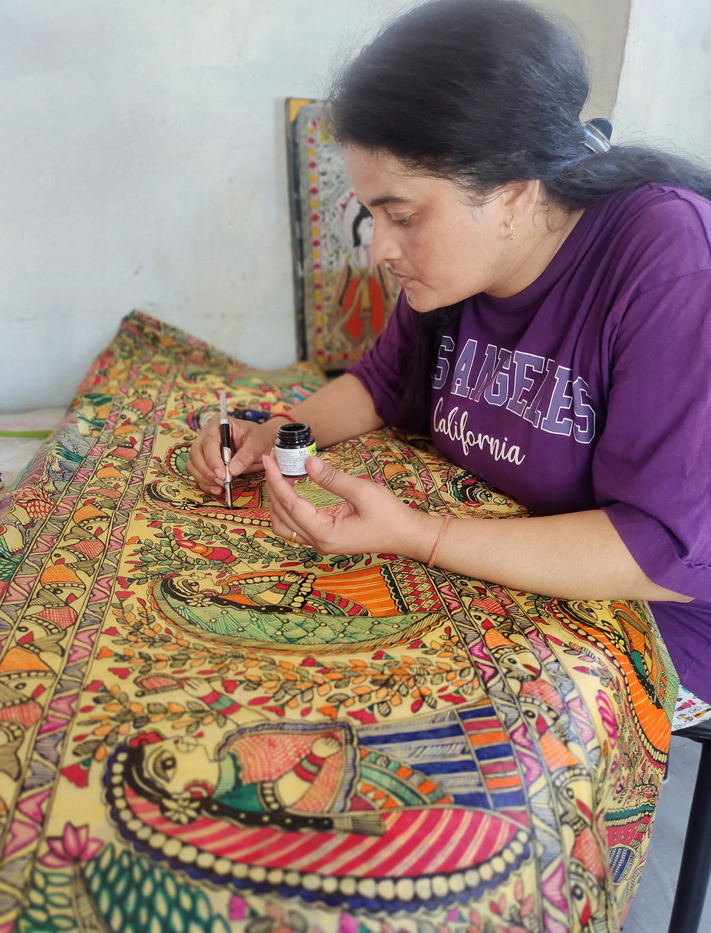 Yellow Handwork Madhubani Painted Silk Saree With Unstiched Blouse Piece Bihari Saree A Gift For Loved One Painted With Acrylic Paints