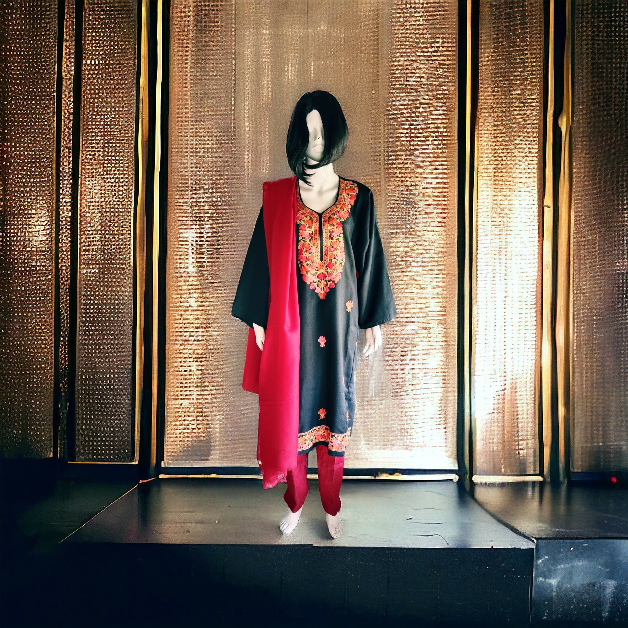 Pack of 3 Red Black Pure Pashmina Suit Shawl Pant Embroidered Kashmiri Free Size Woollen Outfit Stiched Suit Women Outfit Lightweight Shawl