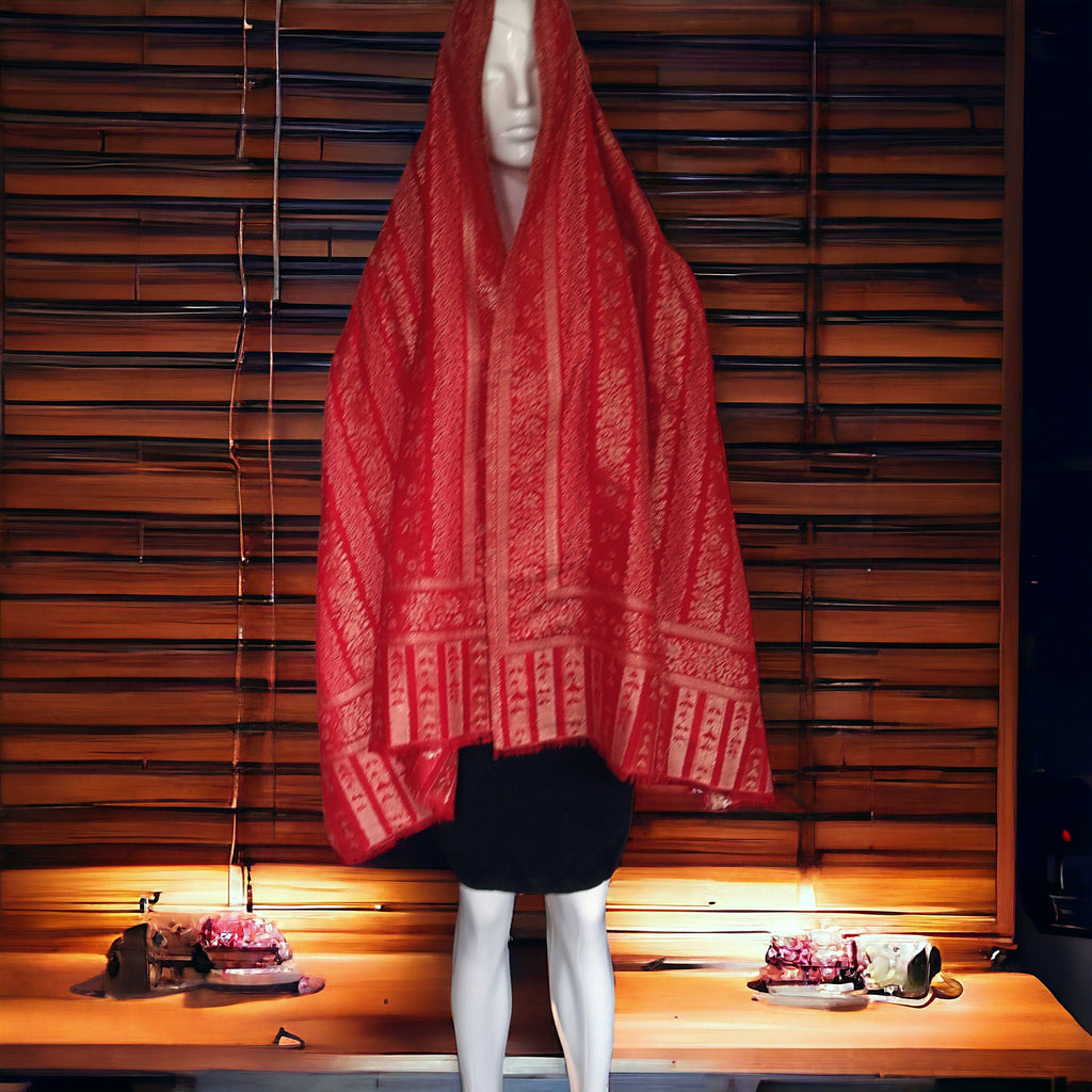 Red Golden Zari Work Cashmere Stole/Shawl/Scarf Luxurious Stall Designer Lightweight Winter Outfit Minimalist Look Neck Warmer Bridal Look