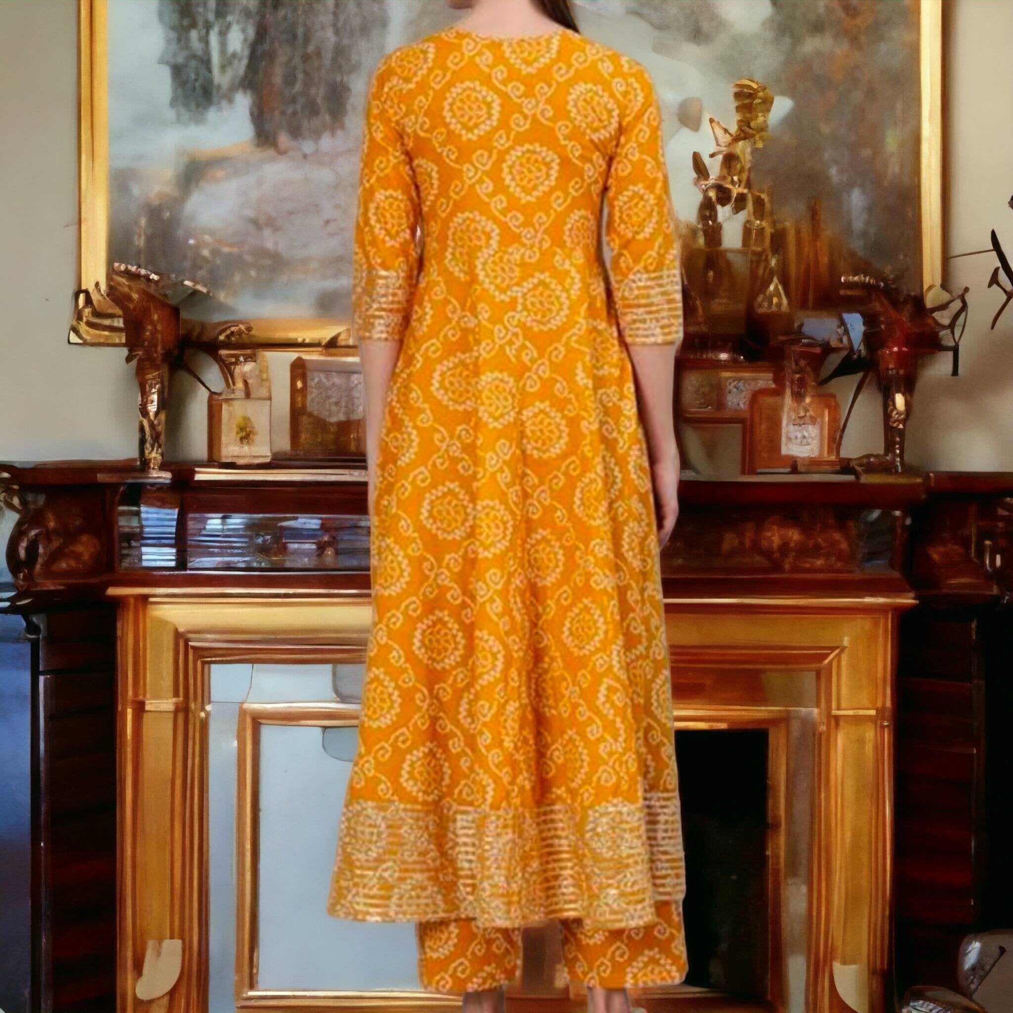 Yellow Orange Premium Printed Designer Anarkali Embroidered Woman Rayon Bandhej Kurta Pant And Beautiful Leheriya Dupatta Set