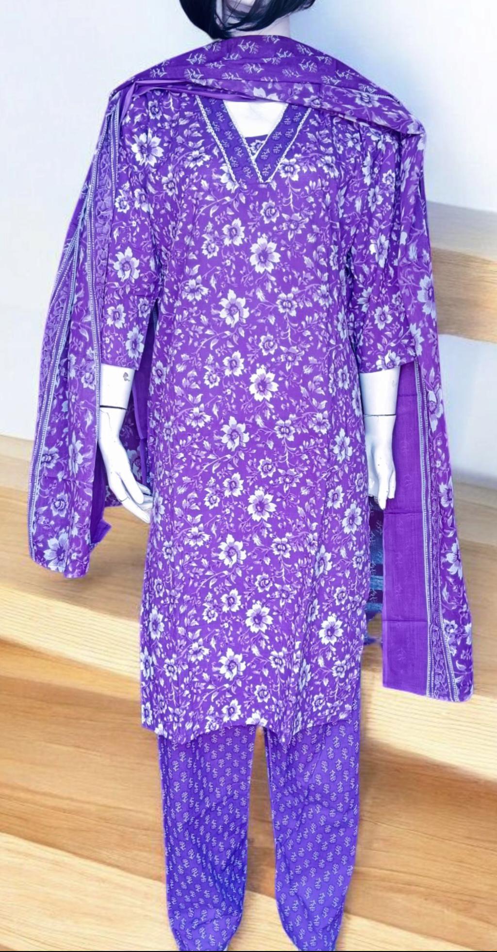 Set of 3 Pure Cotton Purple/Violet White Kurta Pant and Dupatta Floral Print Lace Work Indian Traditional Ethnic Casual Wear Easy to Breath