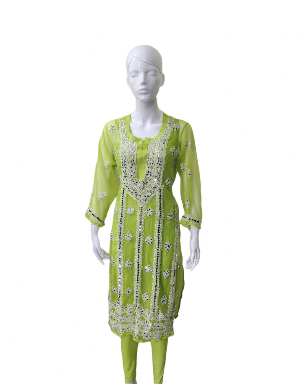 Neon green salwar kameez suit Chiffon chikankari glass work party wear festivals white thread work mirror work