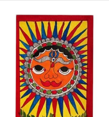 Mithila Madhubani Handpainted Wall Painting Wall Decor Featuring Sun Aquatic Design With Red Wooden Frame Canvas Paintaing Rare To Find