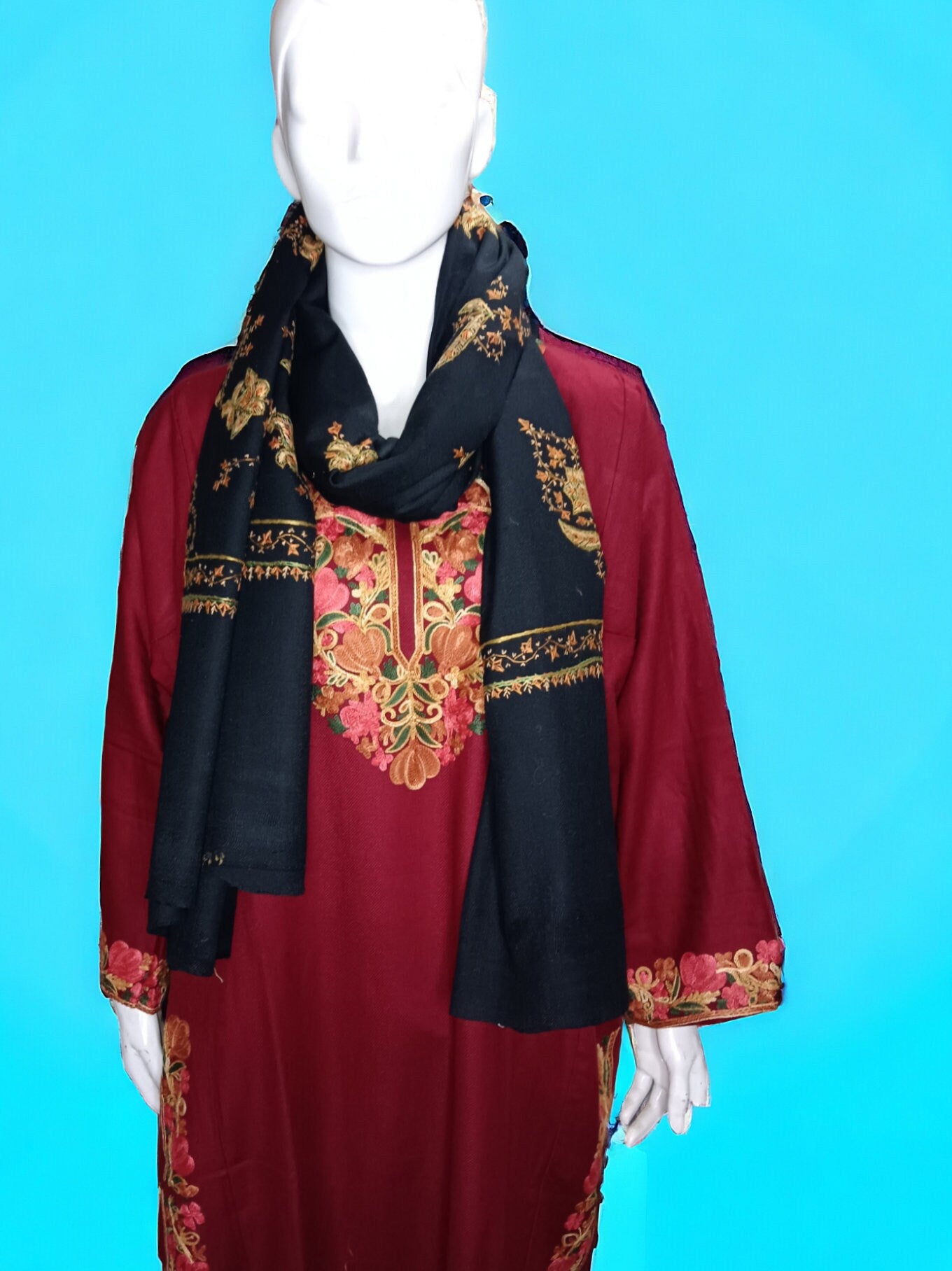 Set Of 3 Red Floral Embroidered 100% Pure Kashmiri Woollen Kurta Green Woollen Pant Black Kashmiri Hand Woven Shawl Embroidered Winter