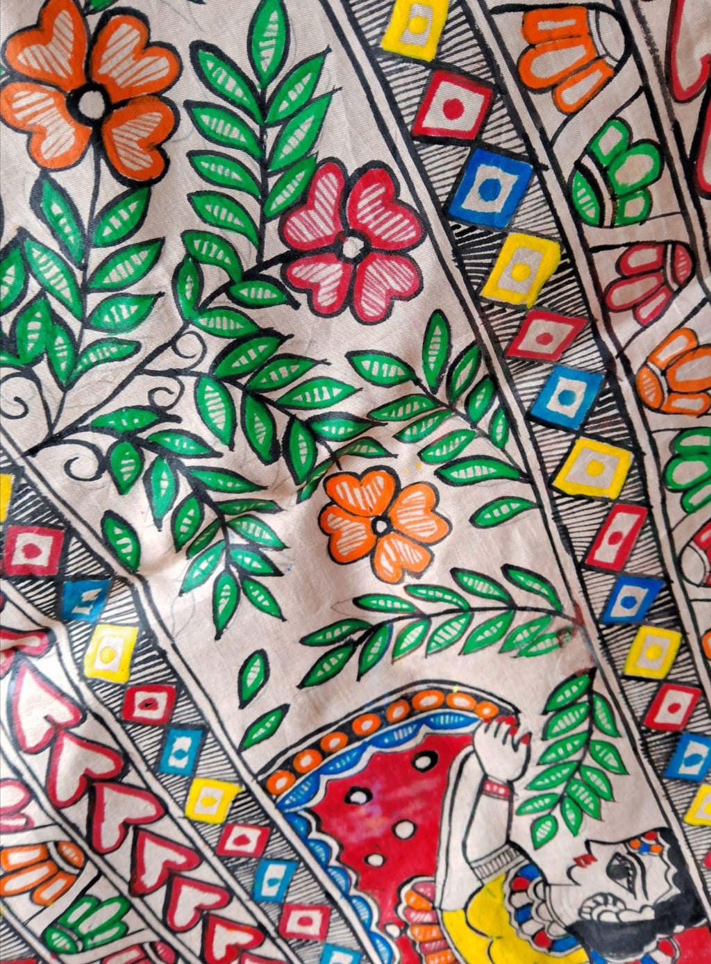 Beige Silk Hand-painted Madhubani Art Dupatta Featuring Peacock Krishna Radha Gopi Nature Forest Flowers River Floral Designs Gift for her