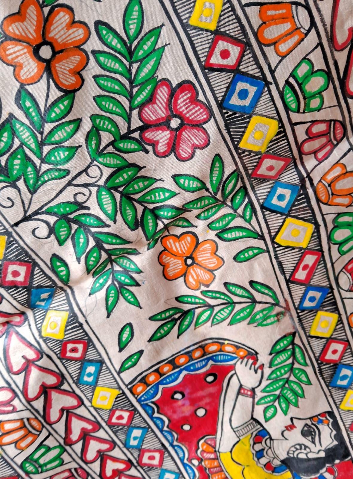 Beige Silk Hand-painted Madhubani Art Dupatta Featuring Peacock Krishna Radha Gopi Nature Forest Flowers River Floral Designs Gift for her