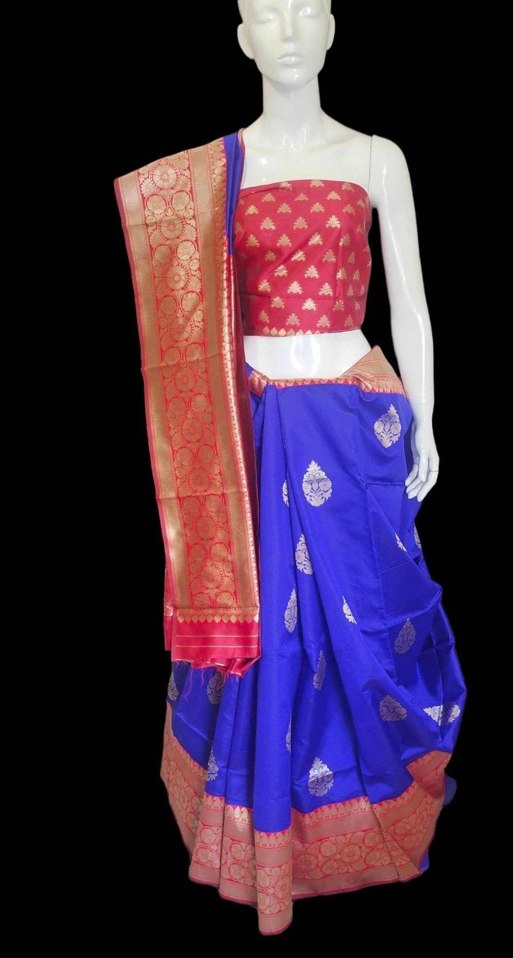 Blue and red banarasi silk saree with zari work with red unstiched blouse with cotton stitched peticoat Bollywood Indian Ethnic Festive Puja