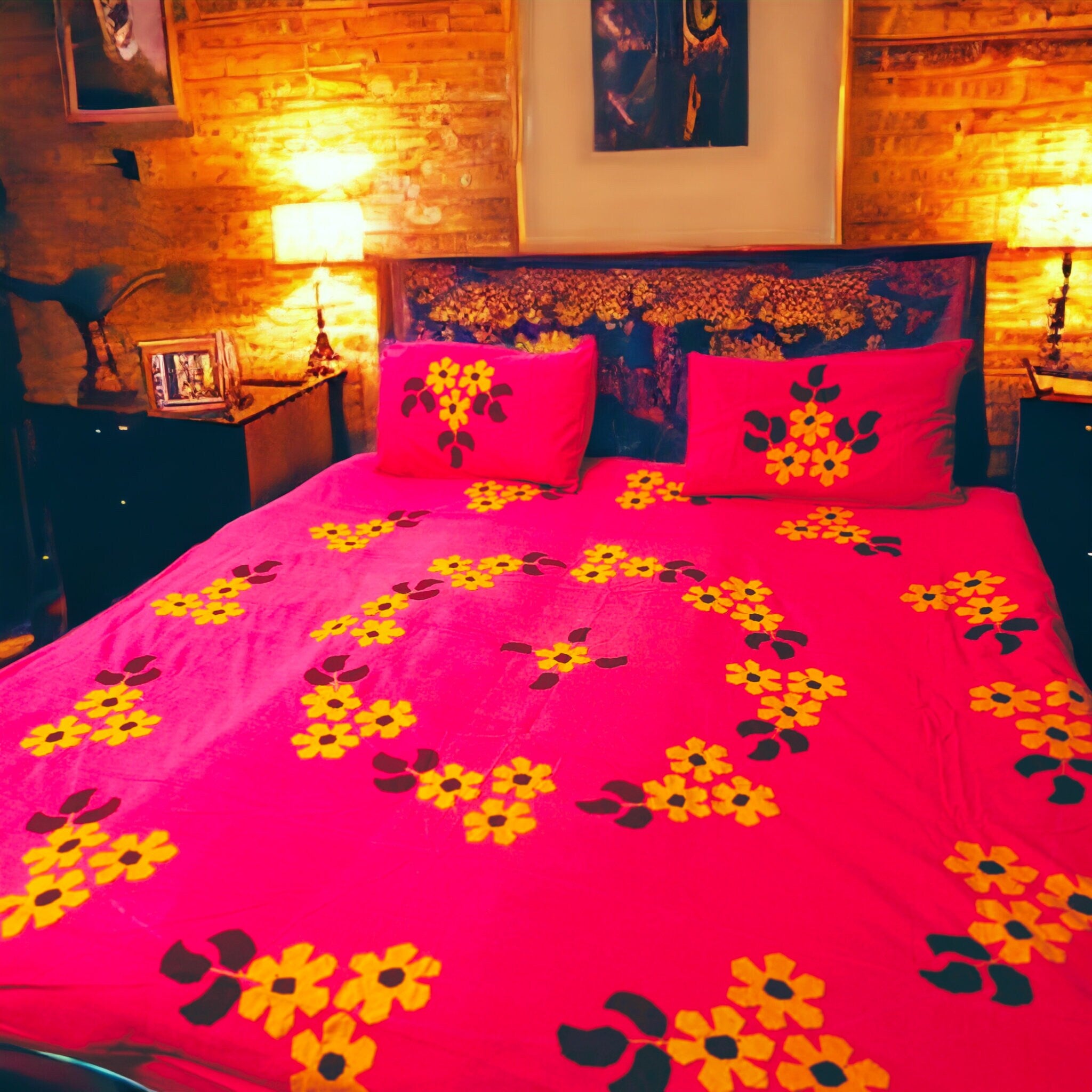 Cotton Pink Applique Handmade Queen Size Bedsheet With Two Maching Pillow Covers Pack of 1 Indian Style Bedsheet Nature Aesthetic Victorian