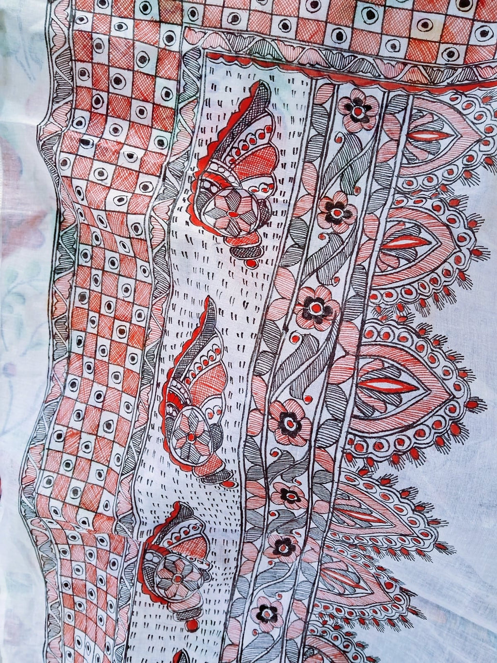 Cotton Hand-painted White Women's Dupatta Madhubani Mithala Painted Featuring Shankh Design Black Red Bordered Geometric Applique Desi India