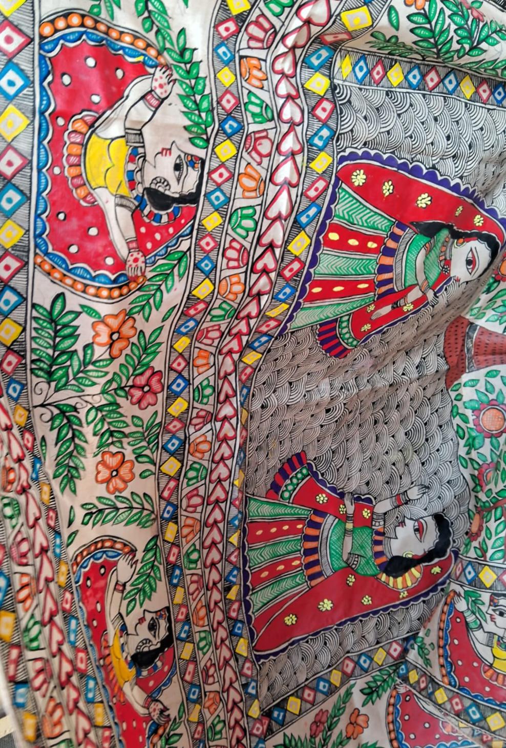 Beige Silk Hand-painted Madhubani Art Dupatta Featuring Peacock Krishna Radha Gopi Nature Forest Flowers River Floral Designs Gift for her