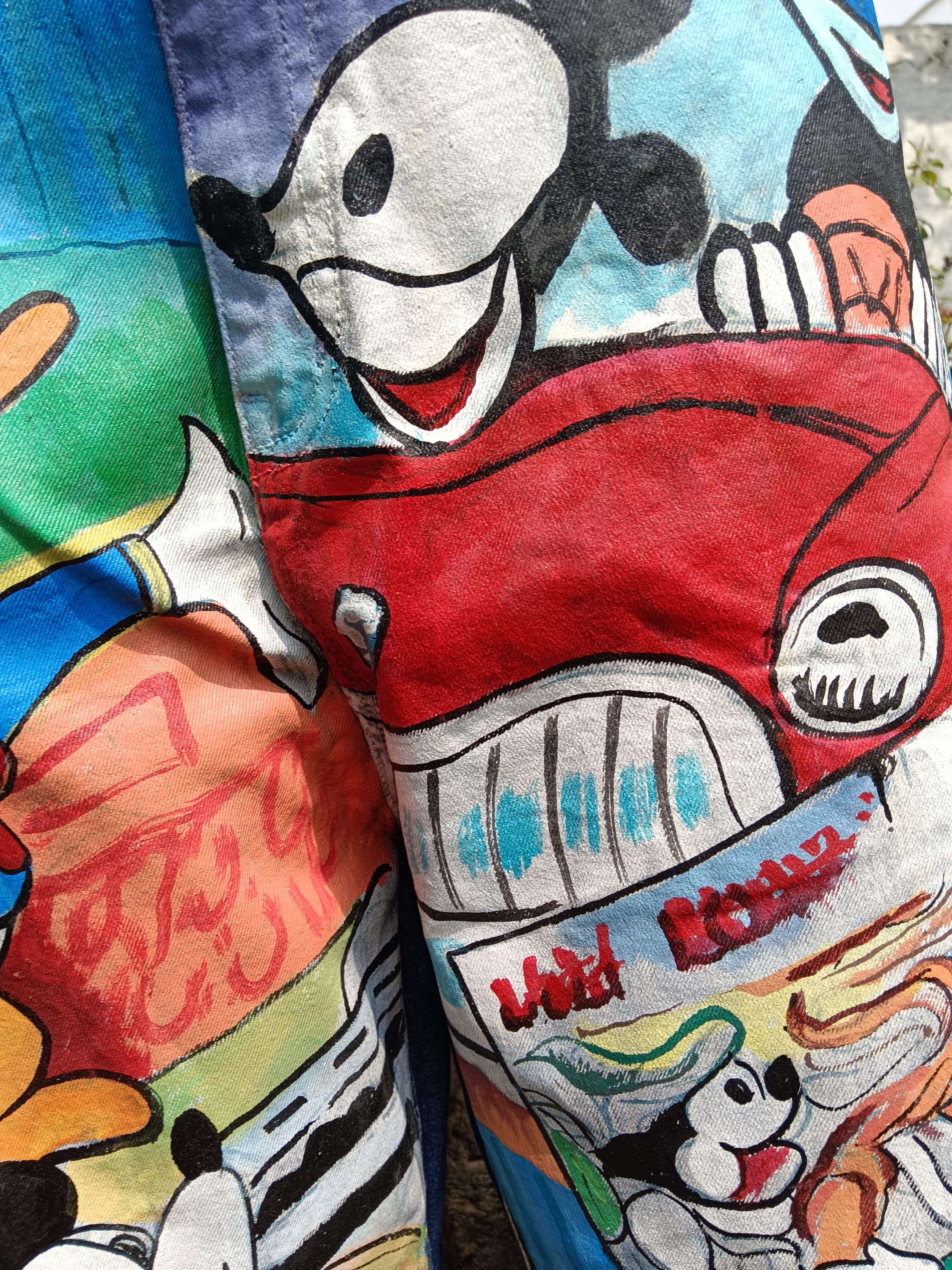 NEW Women's  Hand Painted Straight Leg Cotton Jeans Multicolor Denim Rare Vintage Look Blue Denim Jeans