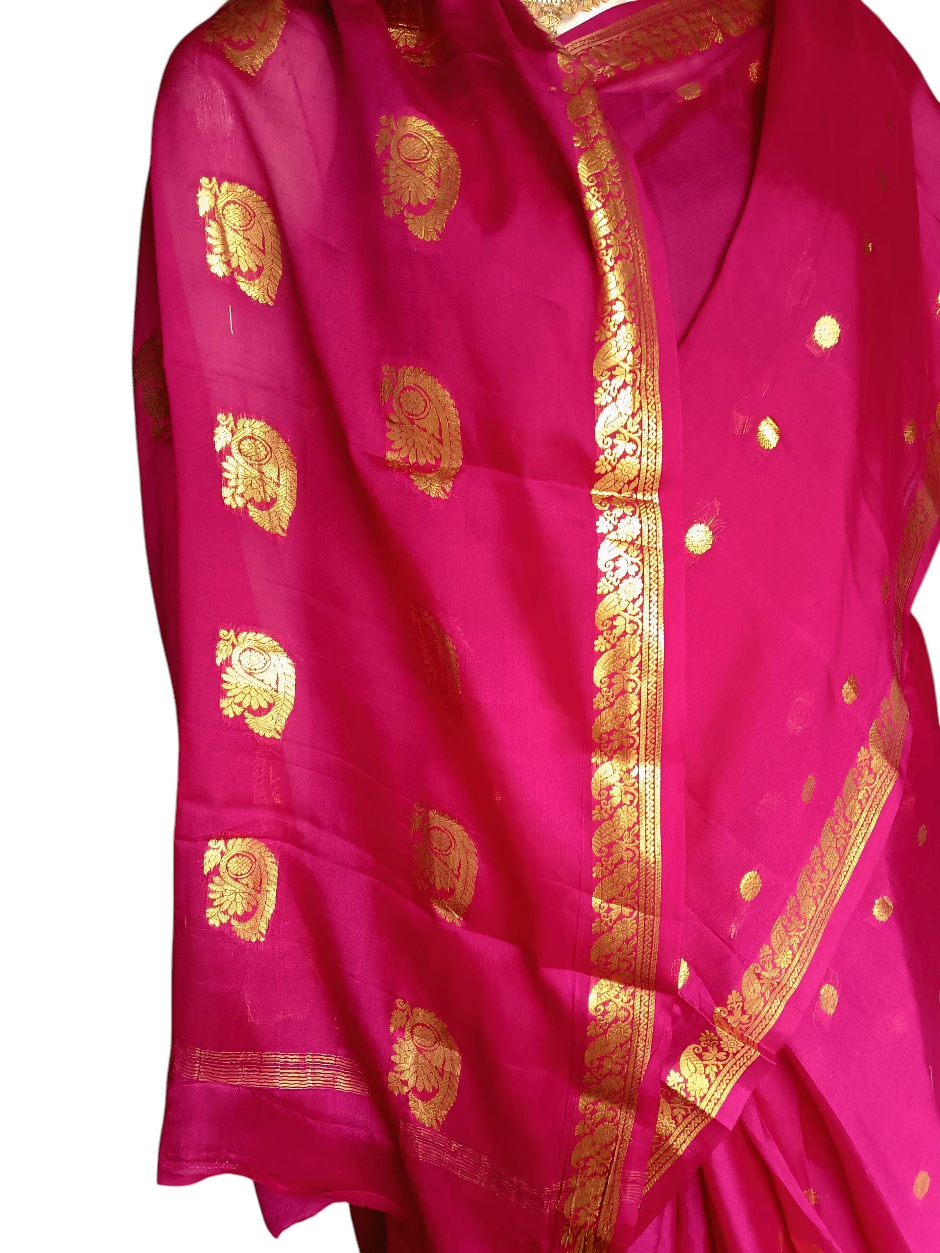 Majenta Pink Golden 100% Pure Crepe Silk With Majenta Crepe Silk Unstitched Blouse  Golden Embroidered Border Lightweight Bollywood Soft
