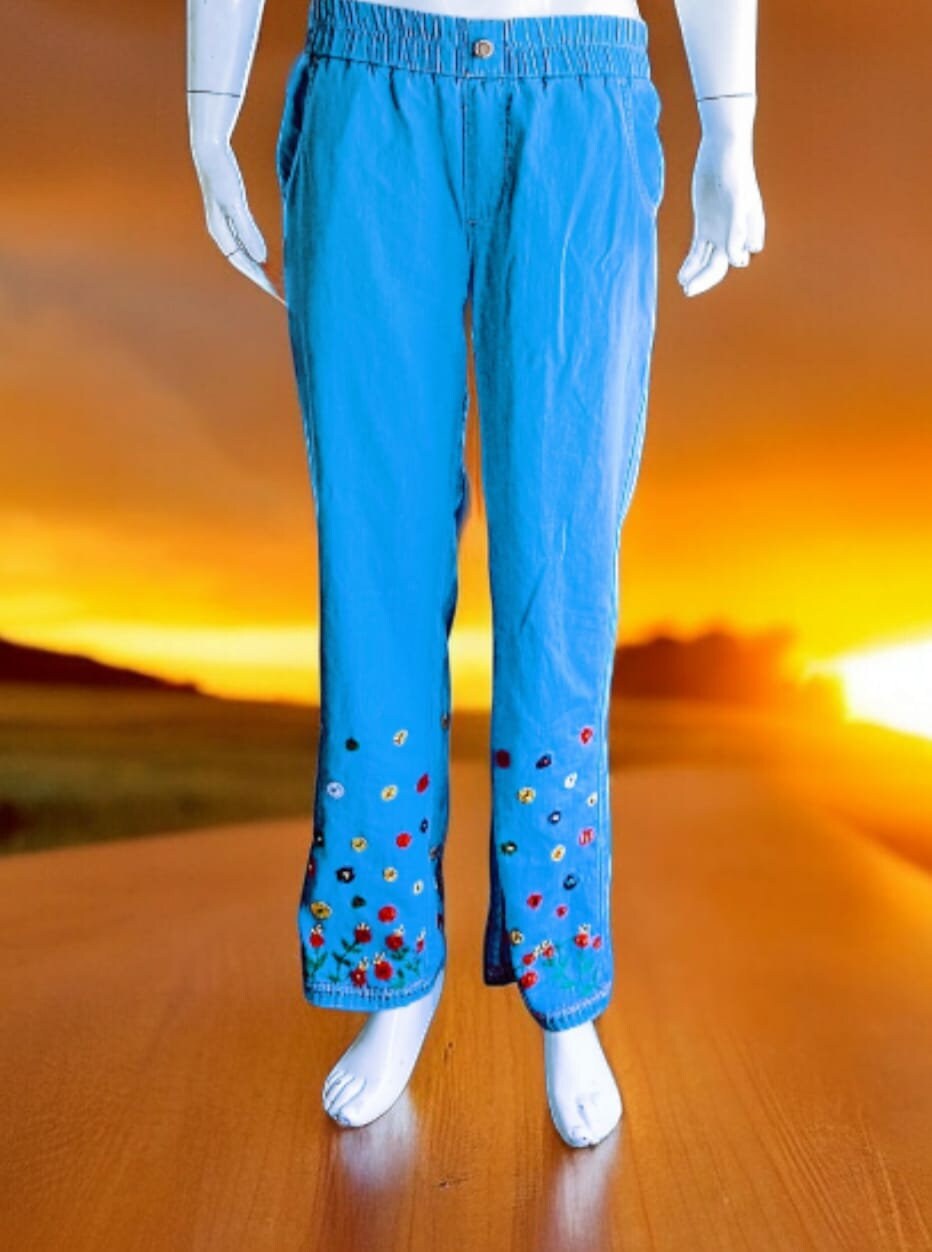100 % Cotton Floral Handmade Modest Light Blue Jeans Jogger Comfy Bottom Embroidered Floral Pant Flower Design Colourful Elastic Stretchable