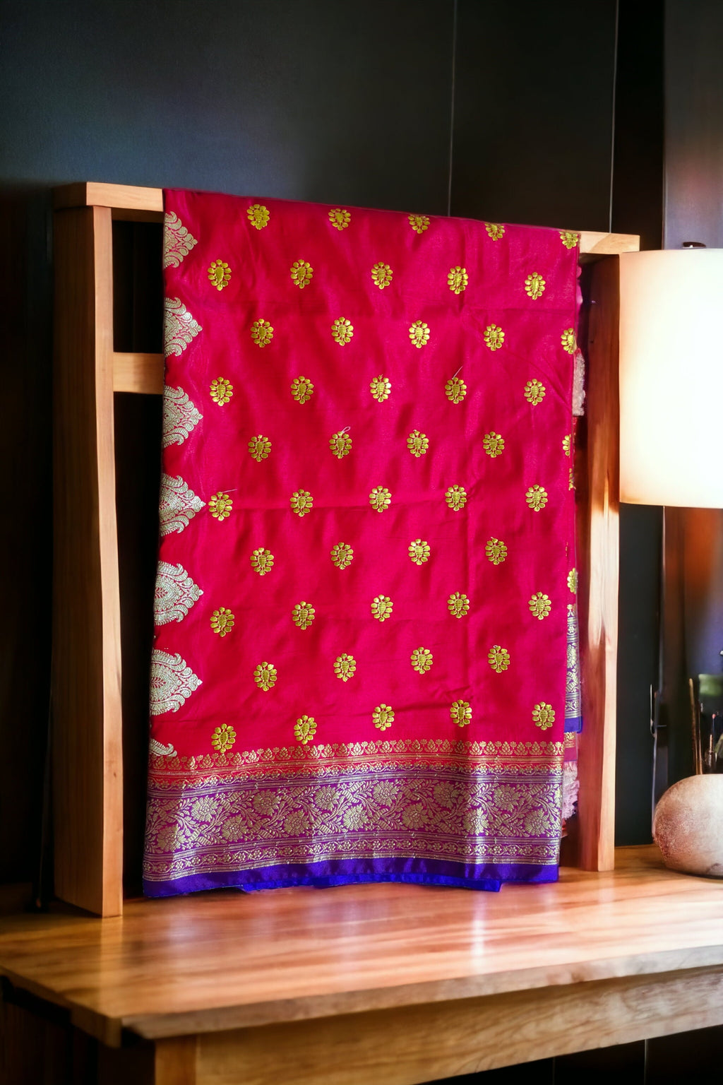 Dark Pink And Violet Satin Silk Banarasi Saree With Unstitched Violet Satin Silk Blouse Zari Work Bollywood Wedding Party Embroidered