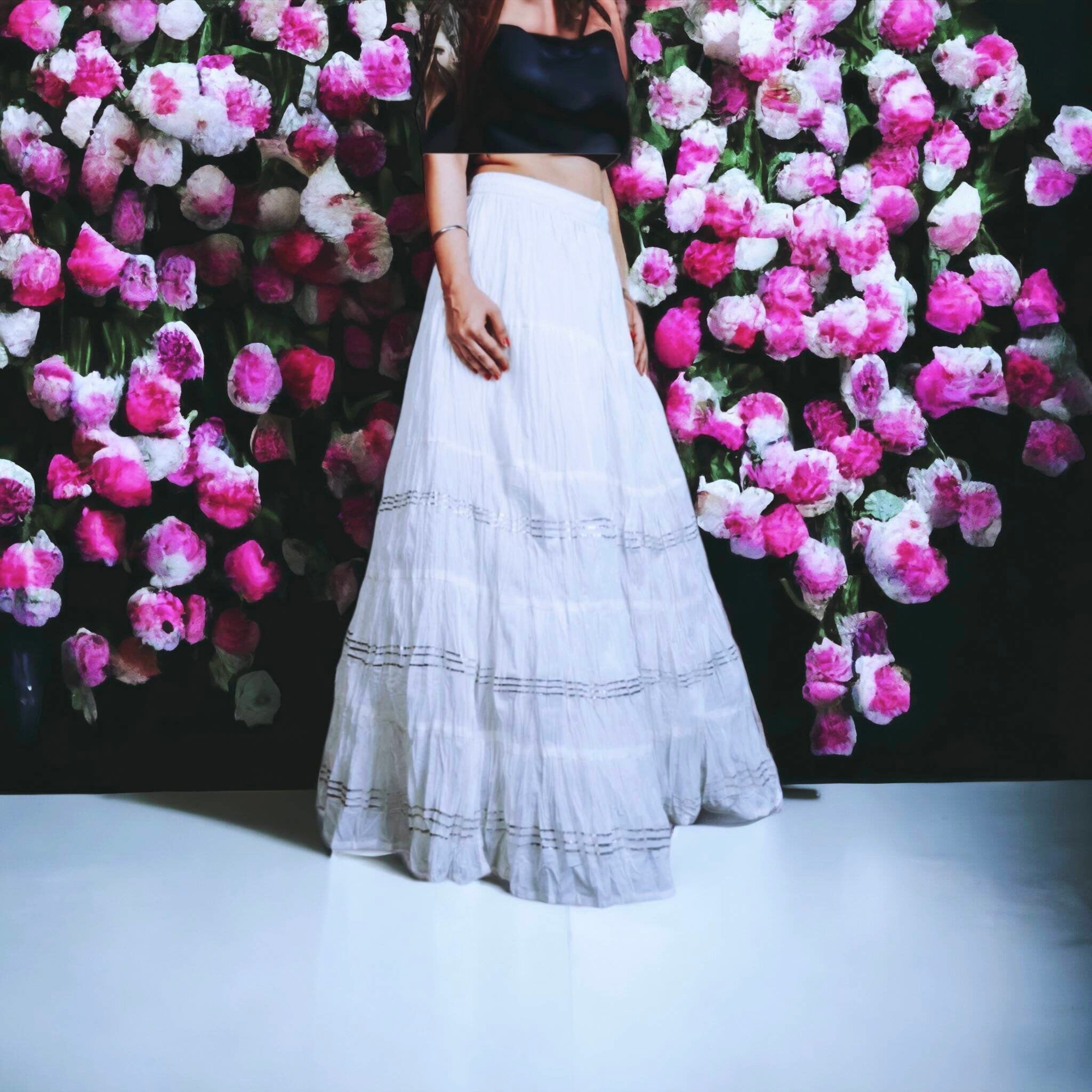 White Pure Cotton Full Length Skirt  White and Sliver Gottapatti Work Cottan Midi White Denim Shirt women Ethnic Flared Skirt Printed A Line