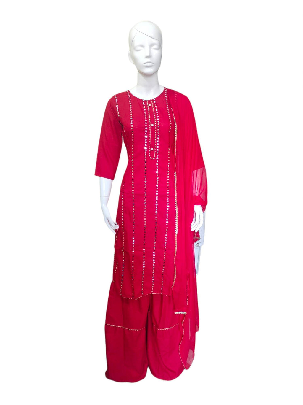 Red Cotton Rayon Mirror work Salwar Kameez Sharara Suit lace work Chiffon Dupatta Bollywood Festival Durga Puja Ethnic Pakistani  Bohemian